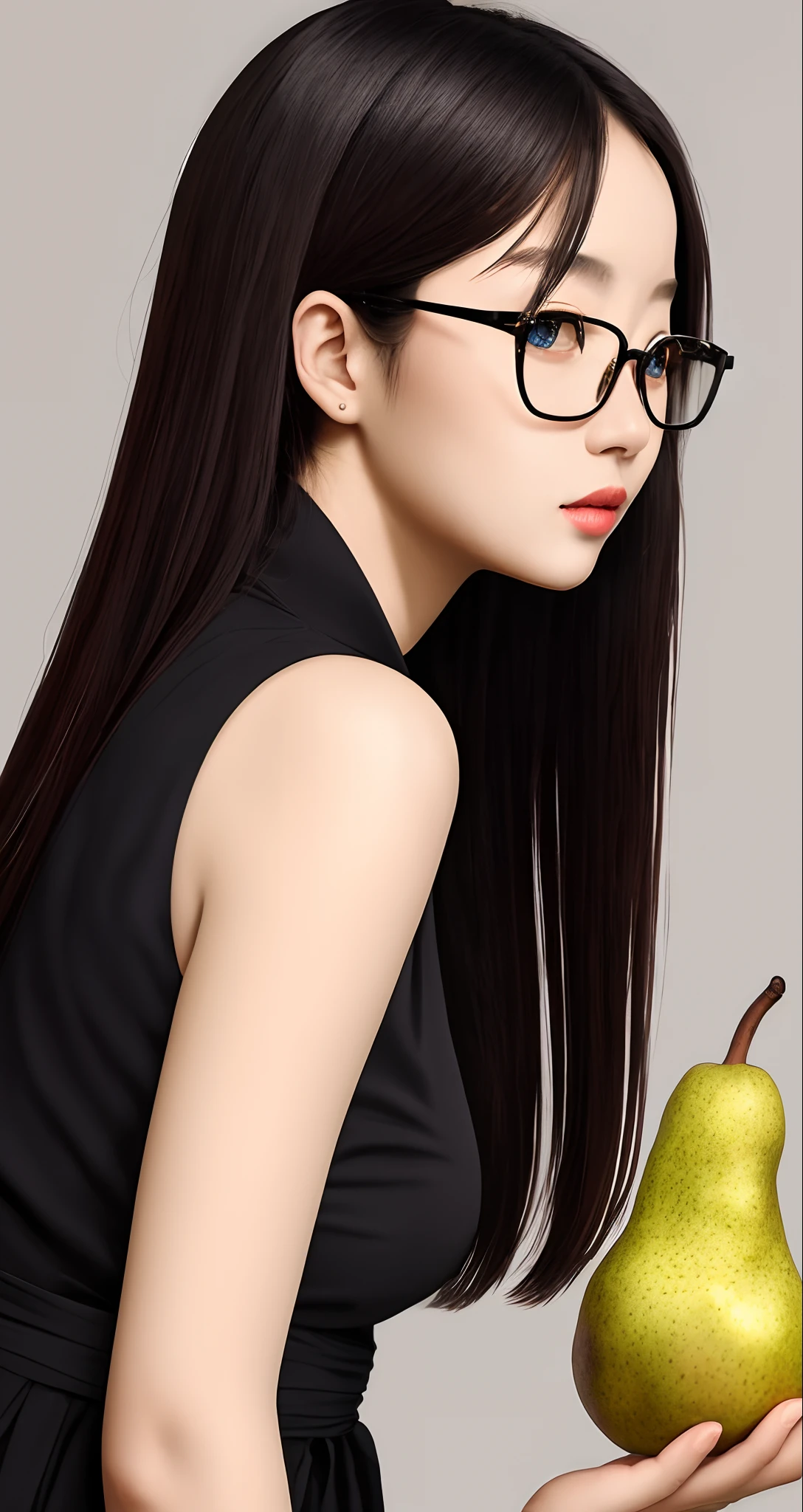 城市，Beautuful Women，Pear-shaped body，largeeyes，Black long straight，Gold wire rimmed glasses，Beautiful pupils