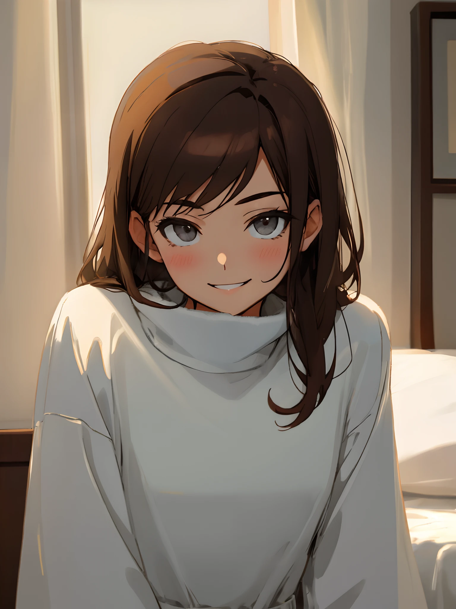 Brown hair, young, smirk, looking at viewer, in grey bedroom