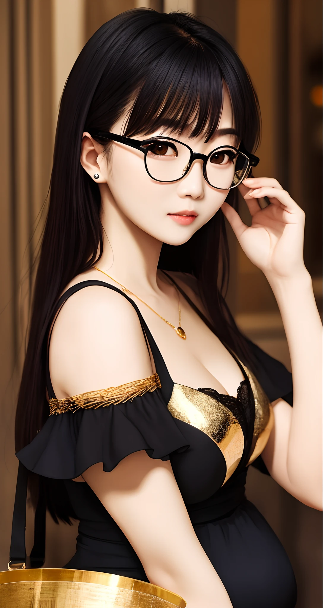 masterpiece,best quality, (one milf), ((portrait:1.5)), makeup, sequins swimwear, thick thigh:1.2, erotic, sitting office chair, glasses, twin tail hair style, ((seduction expression, smile:0.1)), black background,
