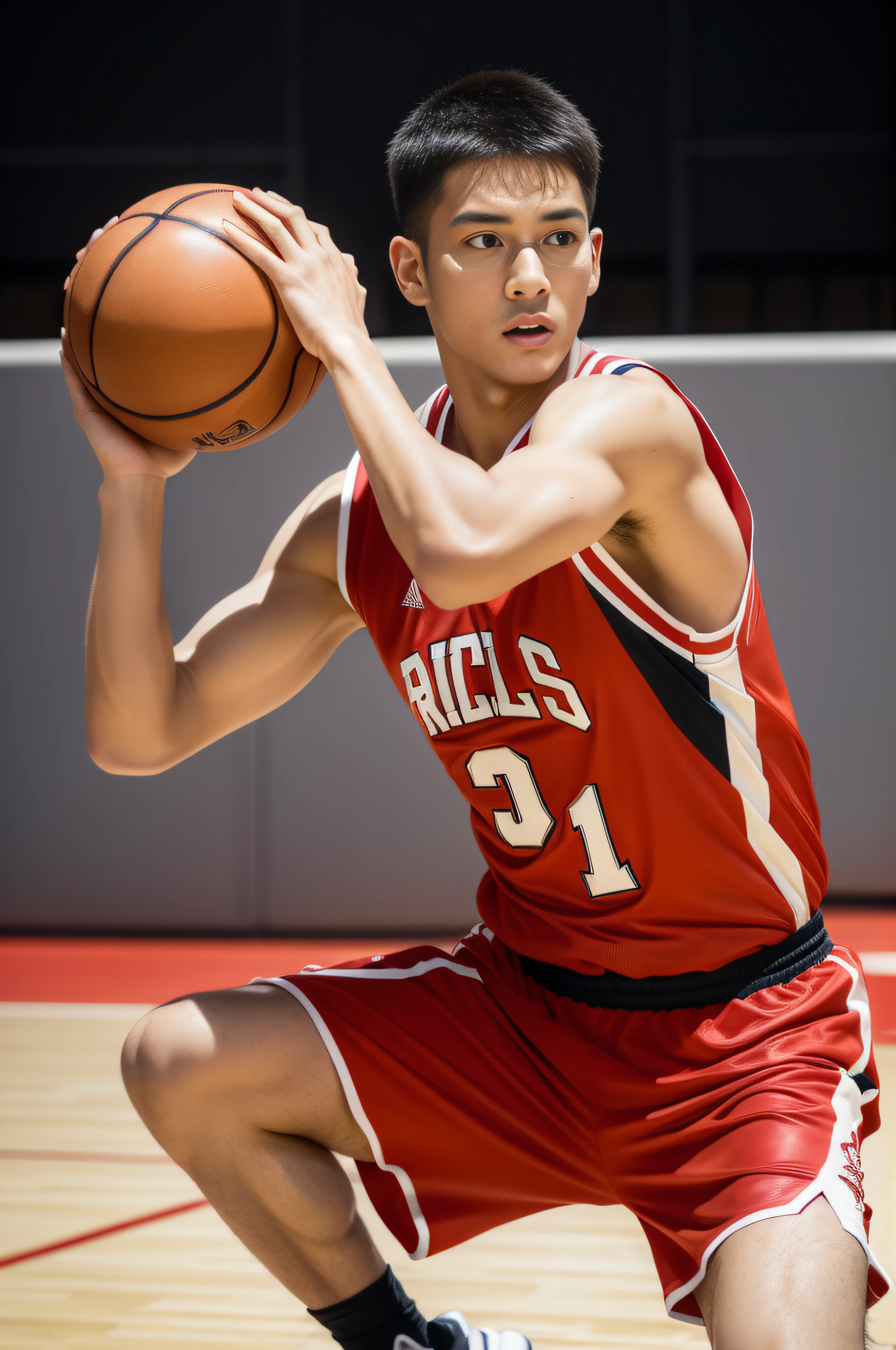 Boy playing basketball on basketball court，sweat leggs，Photos during exercise，Red basketball costume，Masculine，Exquisite facial features，virile，musculature，rich facial detail（（The crotch is raised））closeup cleavage