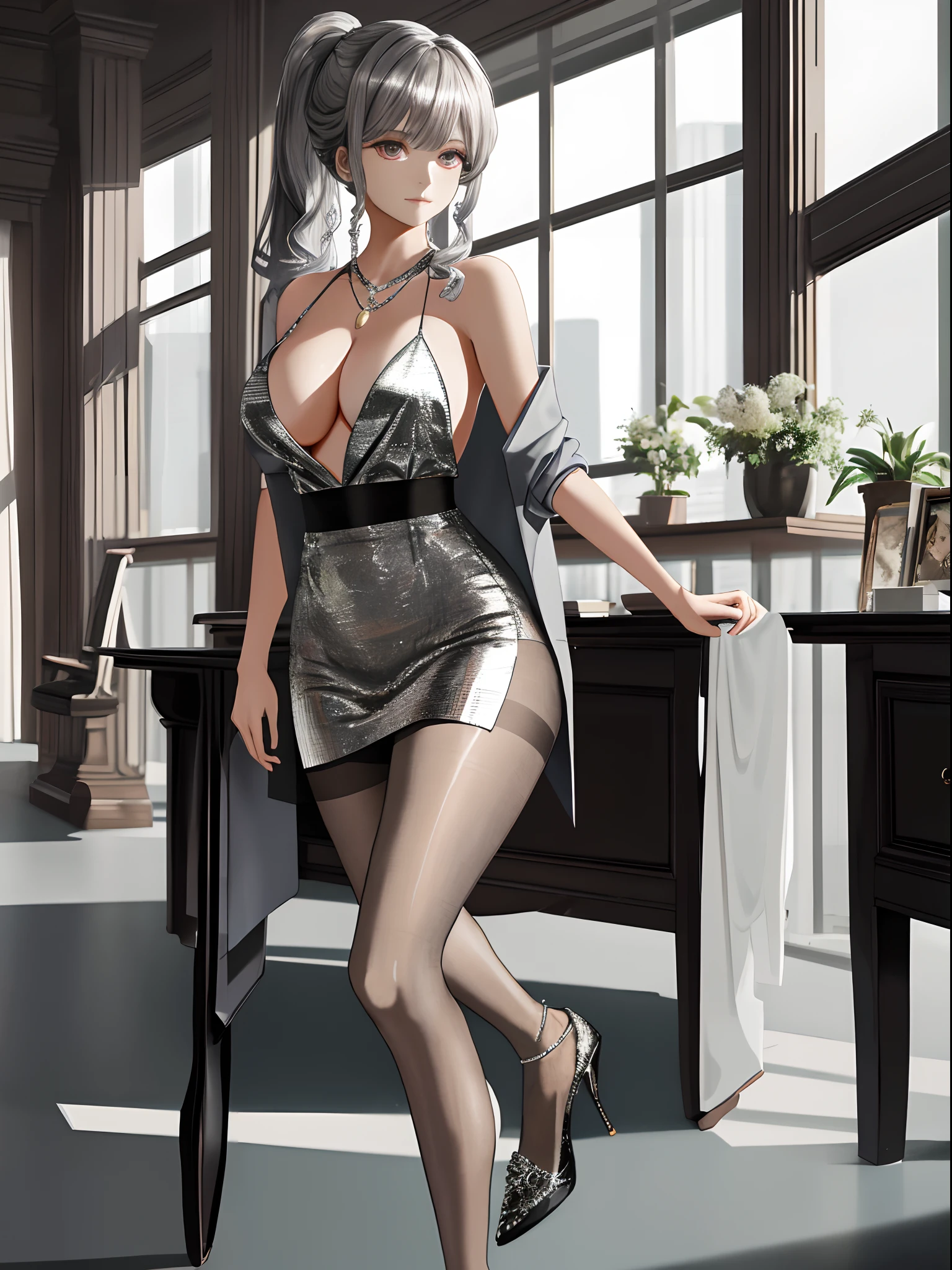 absurderes, 8K ,A high resolution, Ultra detailed, Beautiful, Masterpiece, Best quality, (Beautiful and delicate silver eyes), (1girll) ,A sexy beautiful young woman working as office OL (Office Lady),white button-down blouse，There is a collar,Black Slit Skirt,(Black pantyhose),Long legs ,Detailed legs,High heels,Side ponytail , bangs,full bodyesbian,Big breasts,cleavage,