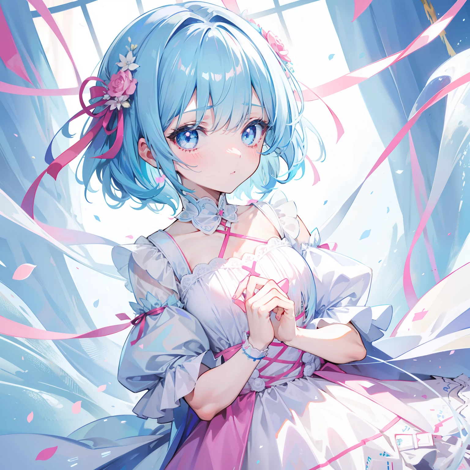 Short light blue hair,Light blue pupils,There are some pink ornaments,Soft girl in dress