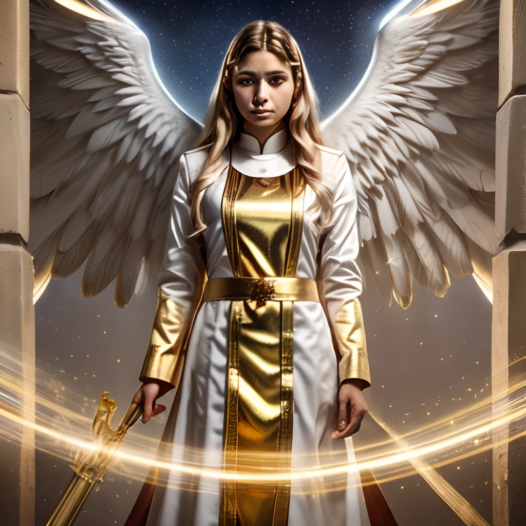 (((St. Michael Archangel. 19 years old))) ((( With a serious and pious face. With a sweet and gentle look))) (​masterpiece, Superior Quality, Better Quality, offcial art, Beautiful and aesthetic: 1.2), (1girl in), ighly detailed, (Fractal art: 1.3), coloring, highest details, face perfect, The upper part of the body, nffsw, (Praying: 1.3), (Golden lines on a lab coat: 1.2), intergalactic, (Light Streak), eye-catching visuals, (Dynamic stripes, Bright trail: 1.2), vivd colour,