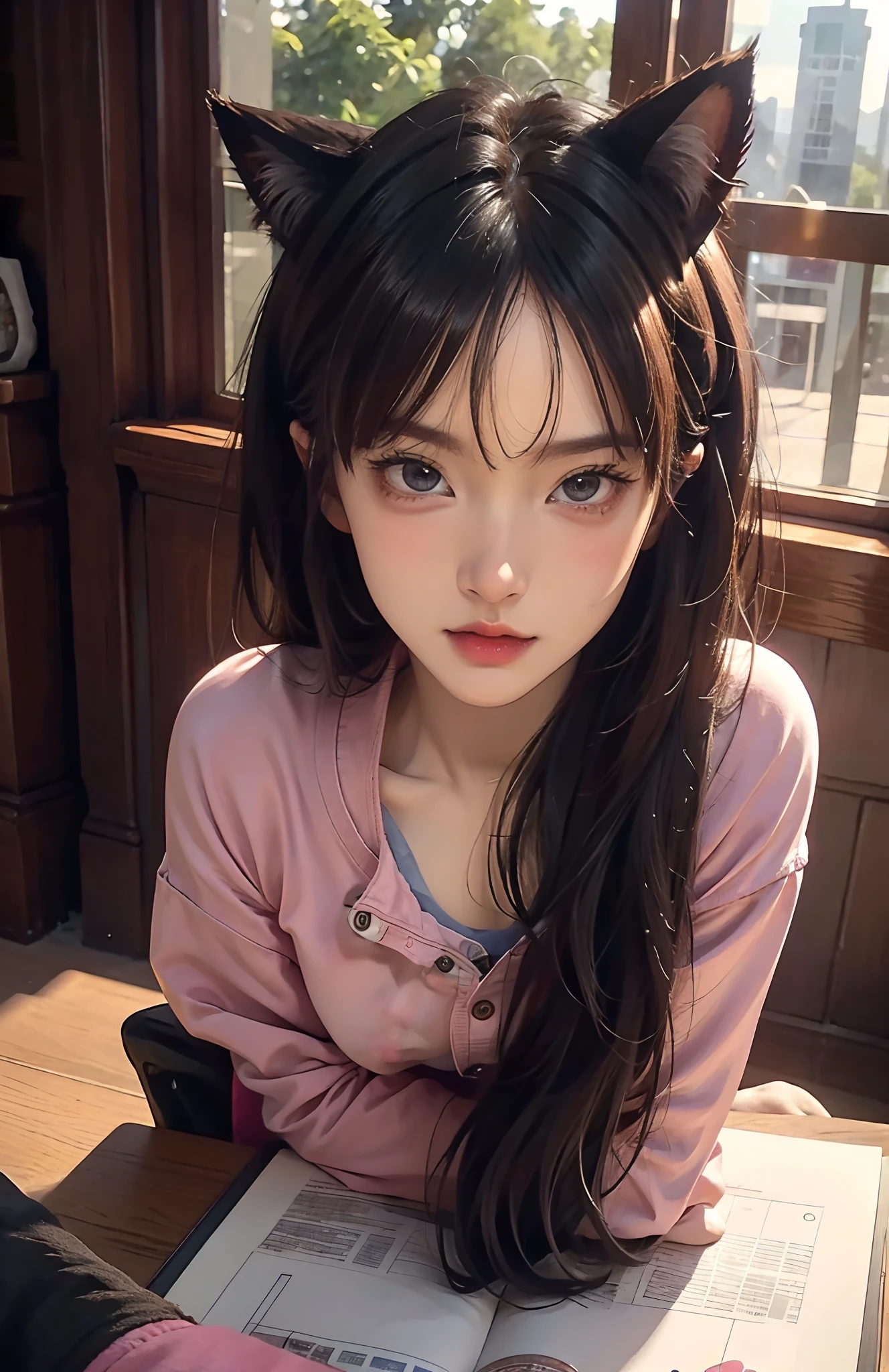 There was a girl in a pink jacket，Cat ears，In pink，sittinng on the desk，Holding Erlang's legs，looking at viewert，Look up to shoot，There is a window in the room，highly detailed digital painting, Realistic anime，Ultra-Realistic Illustrations, furry character portrait, Realistic illustration, Hyper-realistic illustration, 4k highly detailed digital art, Ultra-Realistic Illustrations，The proportion of characters is small，Big room