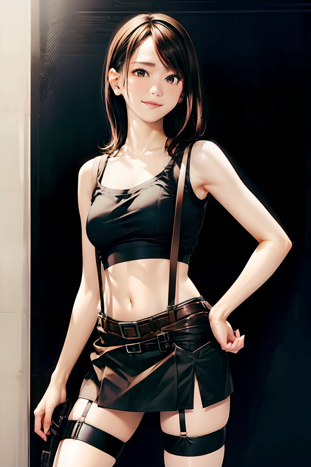 a black skirt, Tank tops　suspenders, Brown hair short, Gray eyes, holster, Garter belt on the legs, Moderate breasts and tight clothes, both sides　　Behind　Braless Belt