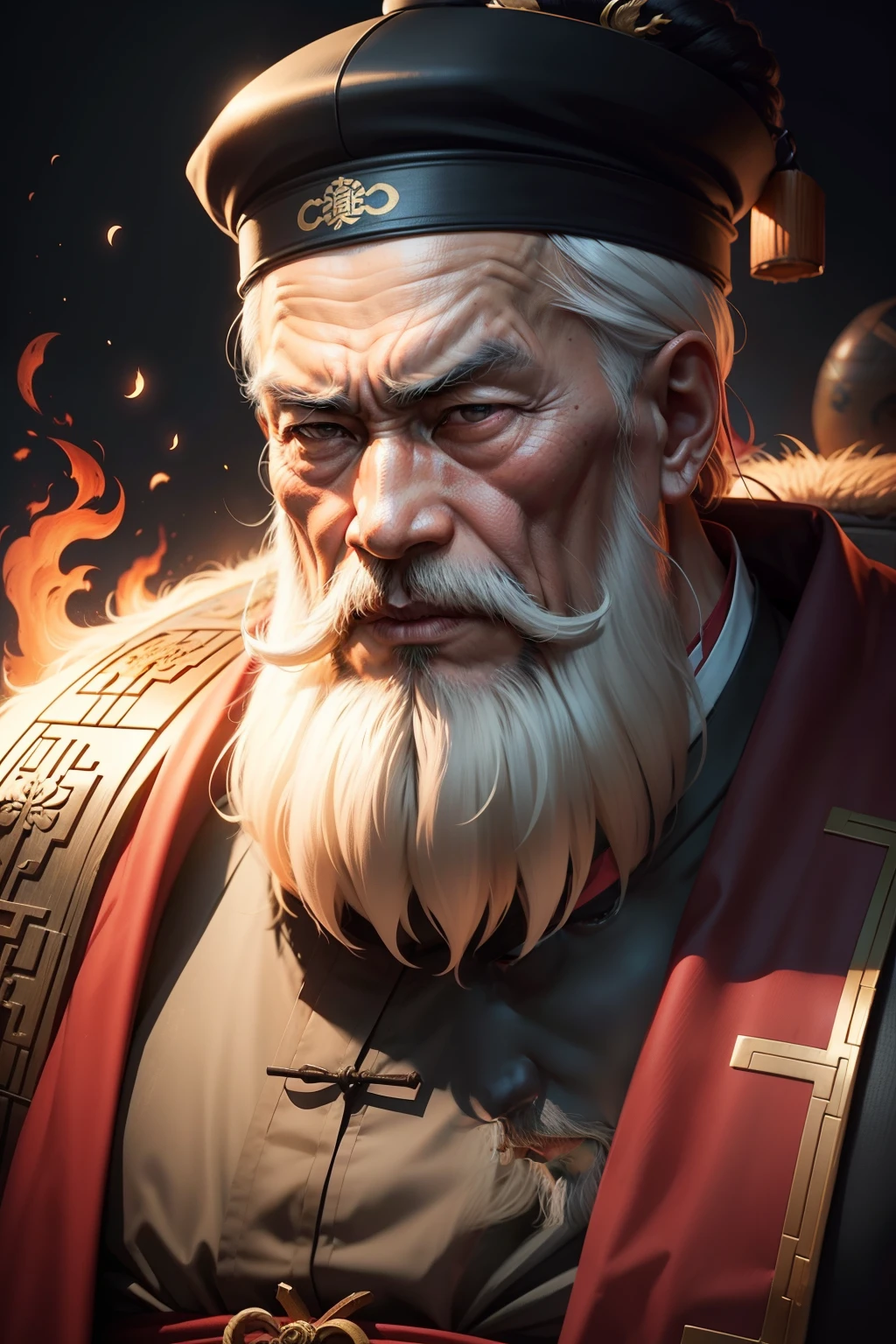 Serious old Chinese philosopher with huge beard, cinemactic