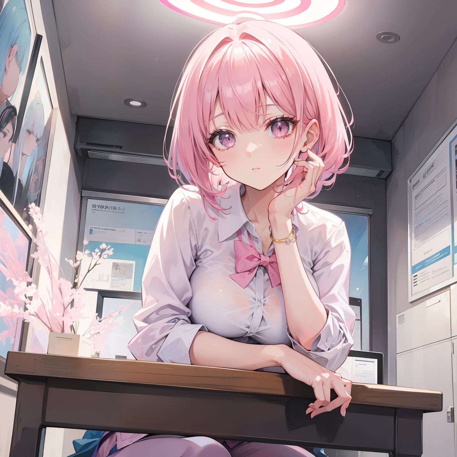 lightpink hair,Crystal clear teacher uniform,Beautiful Female Teacher,freshen,Relaxed,fresco,Feeling of clarity