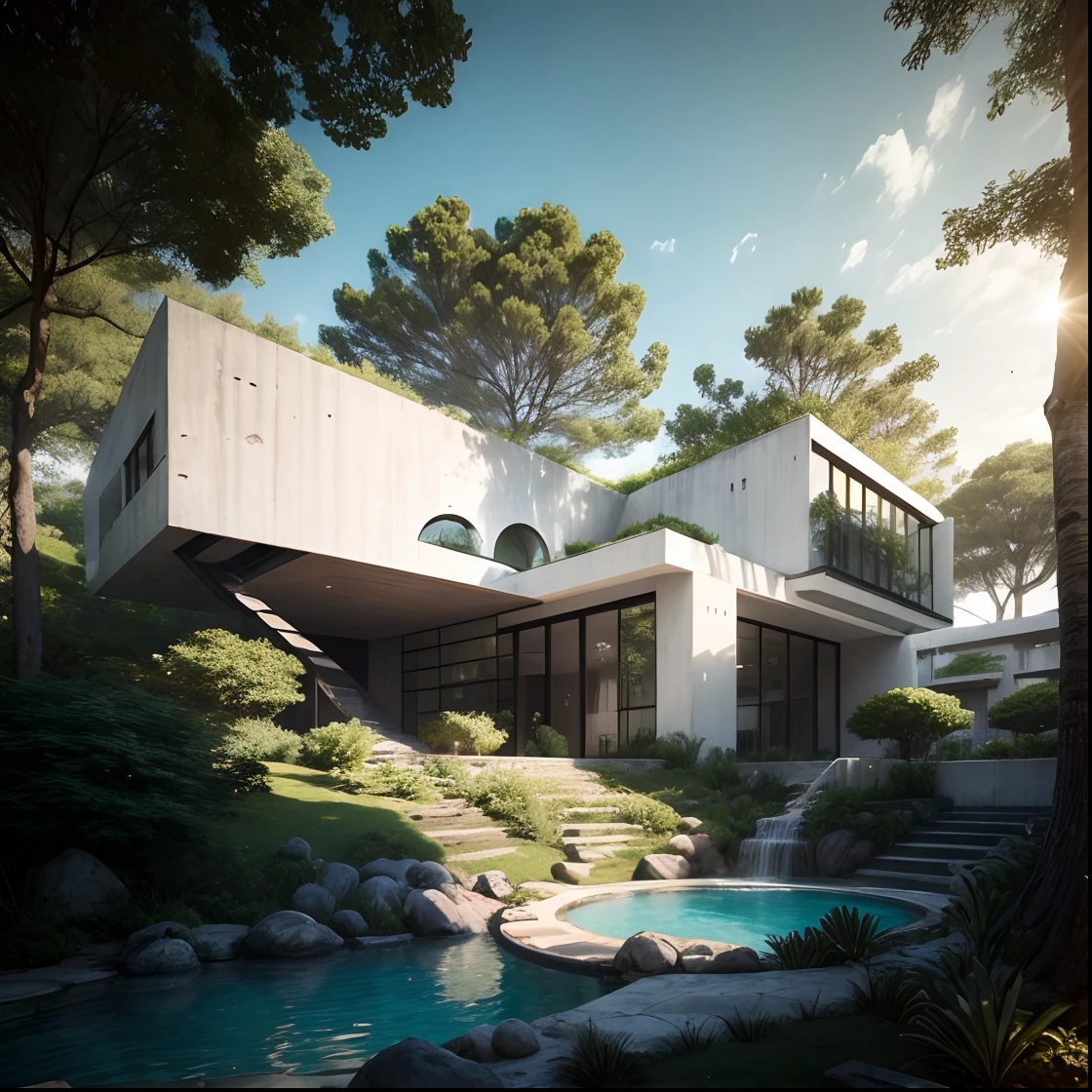 there is a pool in the backyard with a tree in the middle, concrete architecture, very vanish, and new, recently built, white walls, architectural shot, archdaily, brutal concrete architecture, inter dimensional villa, contemporary architecture, concrete housing, arborescent architecture, concrete, brutalist shiro, arhitectural shot, well-designed masterpiece, by Matteo Pérez, pablo olivera, open wall architecture