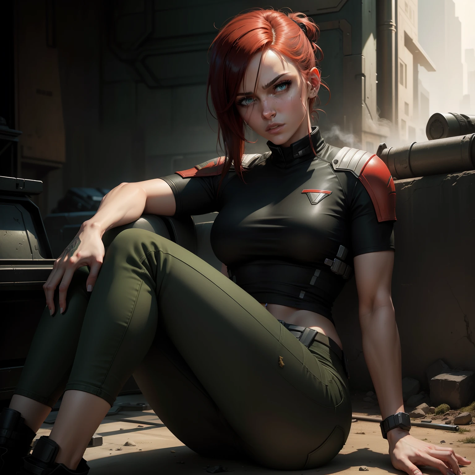 Mass Effect, 1 Female soldier in black T-shirt and jeans, green colored eyes, dark red hair, with a cigarette in his hand, Post-Apocalypse, higly detailed
