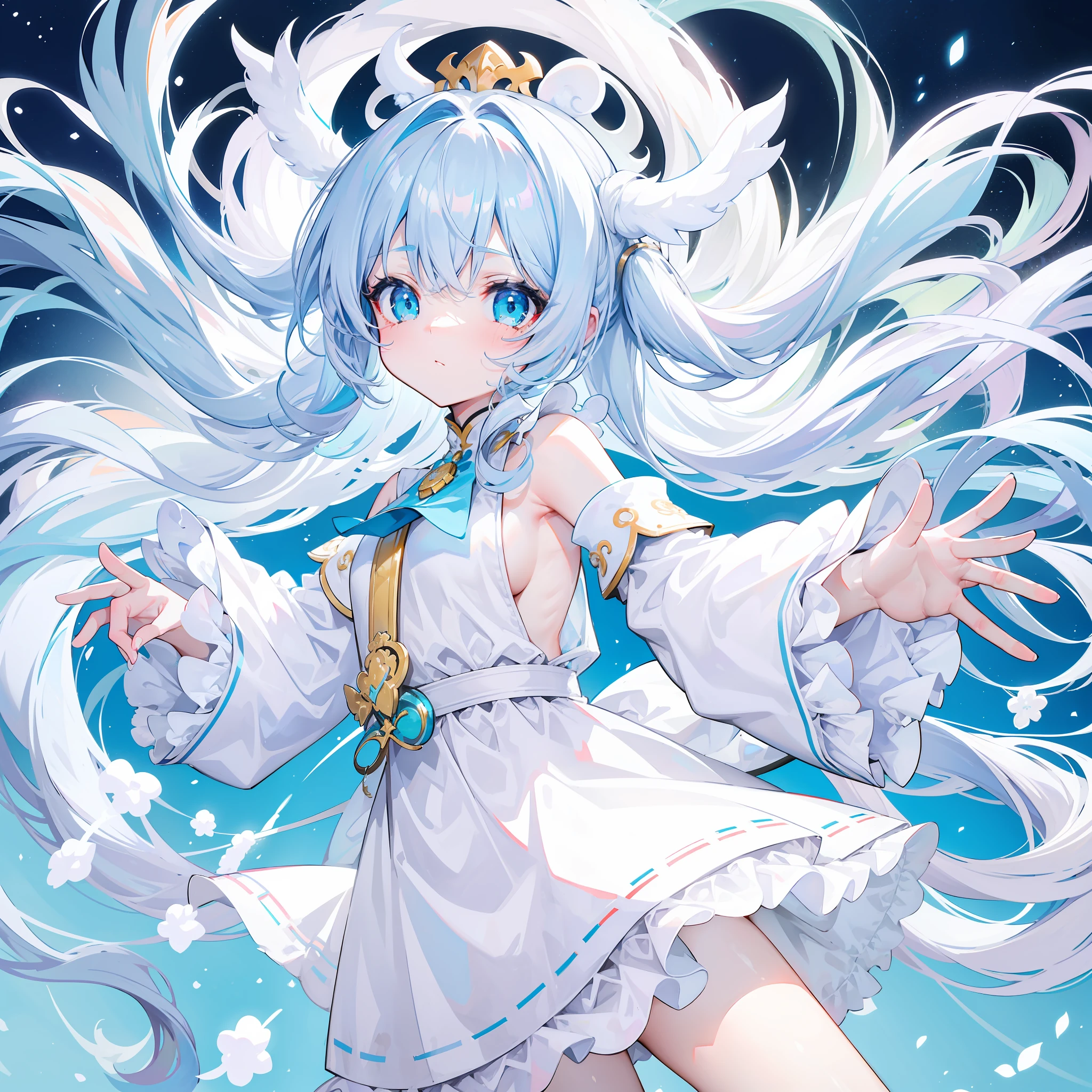Milky long-haired milk,White clothes,Hu Hu is a very cute face,This is a cute sweet girl,Cyan eyes,bit girl,Poor milk,White color hair