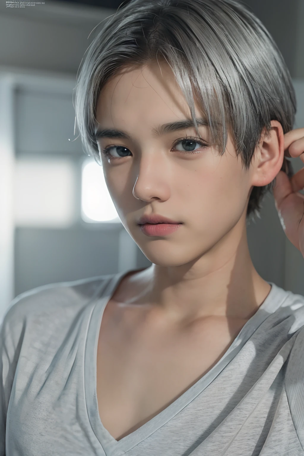 (absurderes, hight resolution, ultra-detailliert, nffsw), masutepiece, Best Quality, 1boy,12year old, Handsome, short detailed hair, finely eye and detailed face,Forehead, White and gray hair color, Face Up Angle