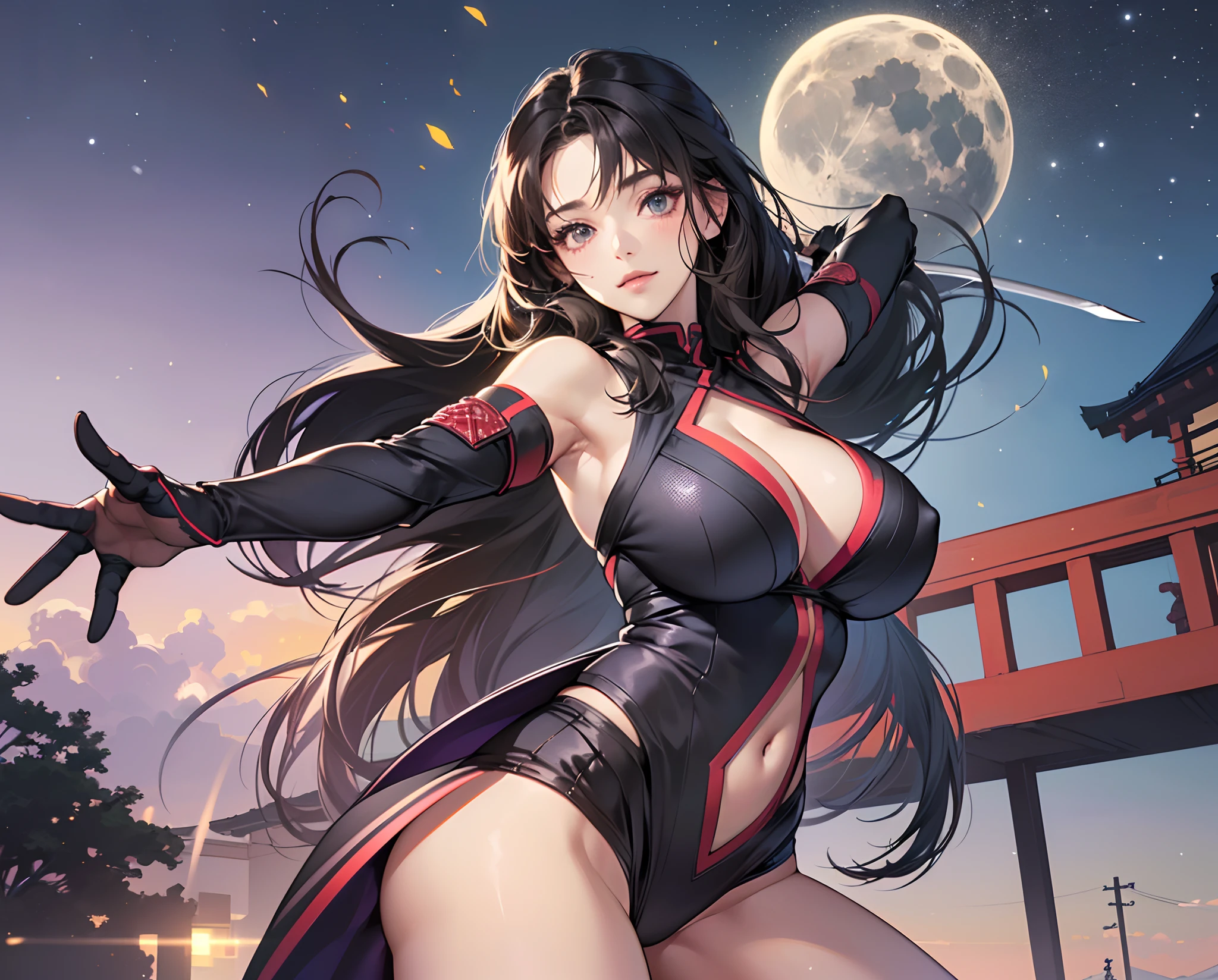 (8K, top-quality, masterpiece: 1.2), realisitic, 超A high resolution, intricate detailes, 1girl in,((Very short loli girl:1.4)), Smiling 10 years old, (Twin-tailed:1.4), (((Ninja showing off very huge breasts and beautiful body with both arms outstretched, Bare shoulders, Detached sleeves, Mesh fabric at the chest,There is a large cleavage on the chest)), (((Super lascivious ninja suit with legs slightly open on a very high roof and crotch completely exposed:1.4)))、((Showing off a fully exposed hip joint:1.4)),(((Japan holding a sword:1.4))),(the hair flutters with the wind:1.5),(low angles:1.4), ((Japanese castle:1.4 )), ((Moon Night:1.4)),((Dark hair)),(Very big and flashy hair ribbon:1.4),((Spread both arms:1.5,)),Realistic Anime 3D Style, Smooth Anime CG Art, Realistic and beautiful 3D animation, Realistic anime, realistic young anime girl,Sakimi-chan HDRI, (Sheer areol:1.3), Beautiful thighs in full open, Naked beauty is big、((So Huge Breasts:1.5)), Big Tits:1.3, very thin waist:1.4,Showing off a very odious body:1.3 --auto --s2