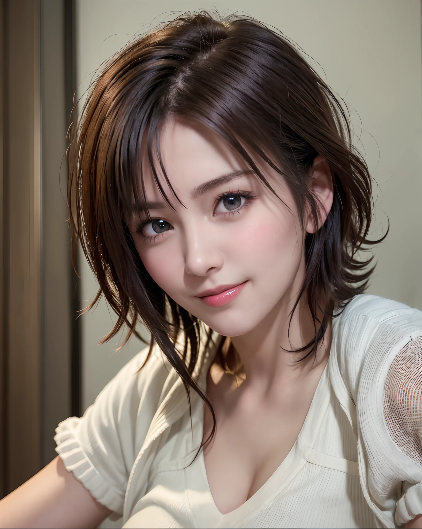 Best Quality, Ultra High Resolution, (Photorealistic: 1.4), Beautiful Eyes, Super Beautiful, Very Short Hair, Beautiful, Sweetheart, T-shirt with Rough Chest, Beautiful Soldier, Eyes That Invite Viewer, Lover's Perspective, Inviting Expression, Sexy Smile, Perfect Style, Perfect Balance, Detailed Skin, Naughty Gaze, Chest Visible