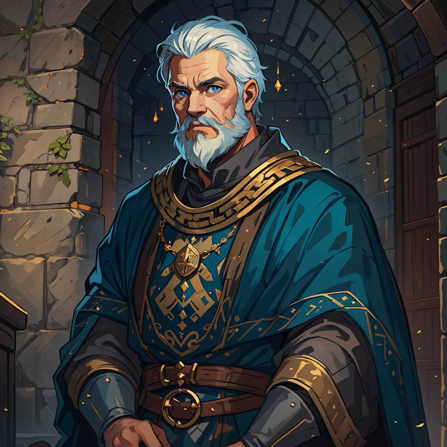 A king man with short, white hair, thick beard and blue eyes, he is dressed blue and gold in elegant costumes of a medieval king in a rocky, medieval and shadowy castle, he is in a shadowy castle, the castle has dark colors and little light, a castle with warm, dark colors and fire in a medieval art, rpg, illustration, rpg, medieval art, a man not so old 40 years old in a Approximate image as a real portrait
