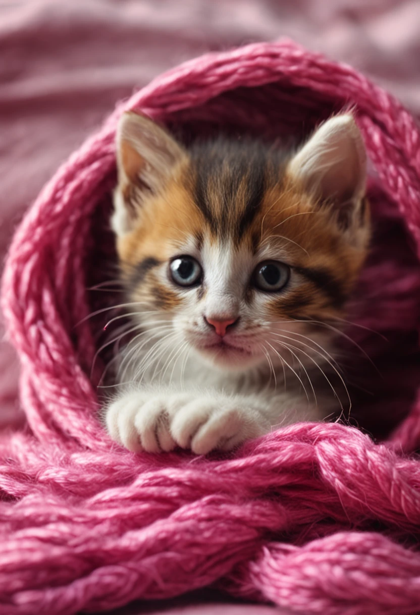 kitten wrapped in woolen threads