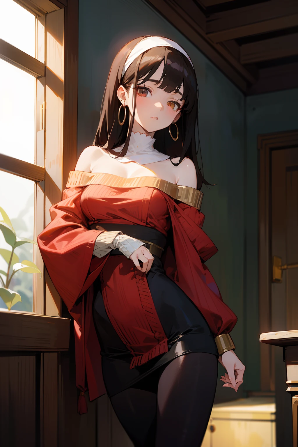 top-quality、​masterpiece、Yolfaujer、Japan Anime　A dark-haired、Longhaire、White headband　sharp eye、big eye、small mouth、Beautiful skin、Adult face　off-shoulder knit、Red knitted dress、Gold Earrings、Black tights　30-years old、large full breasts、skinny  body　Adult Pose　Background with、window
