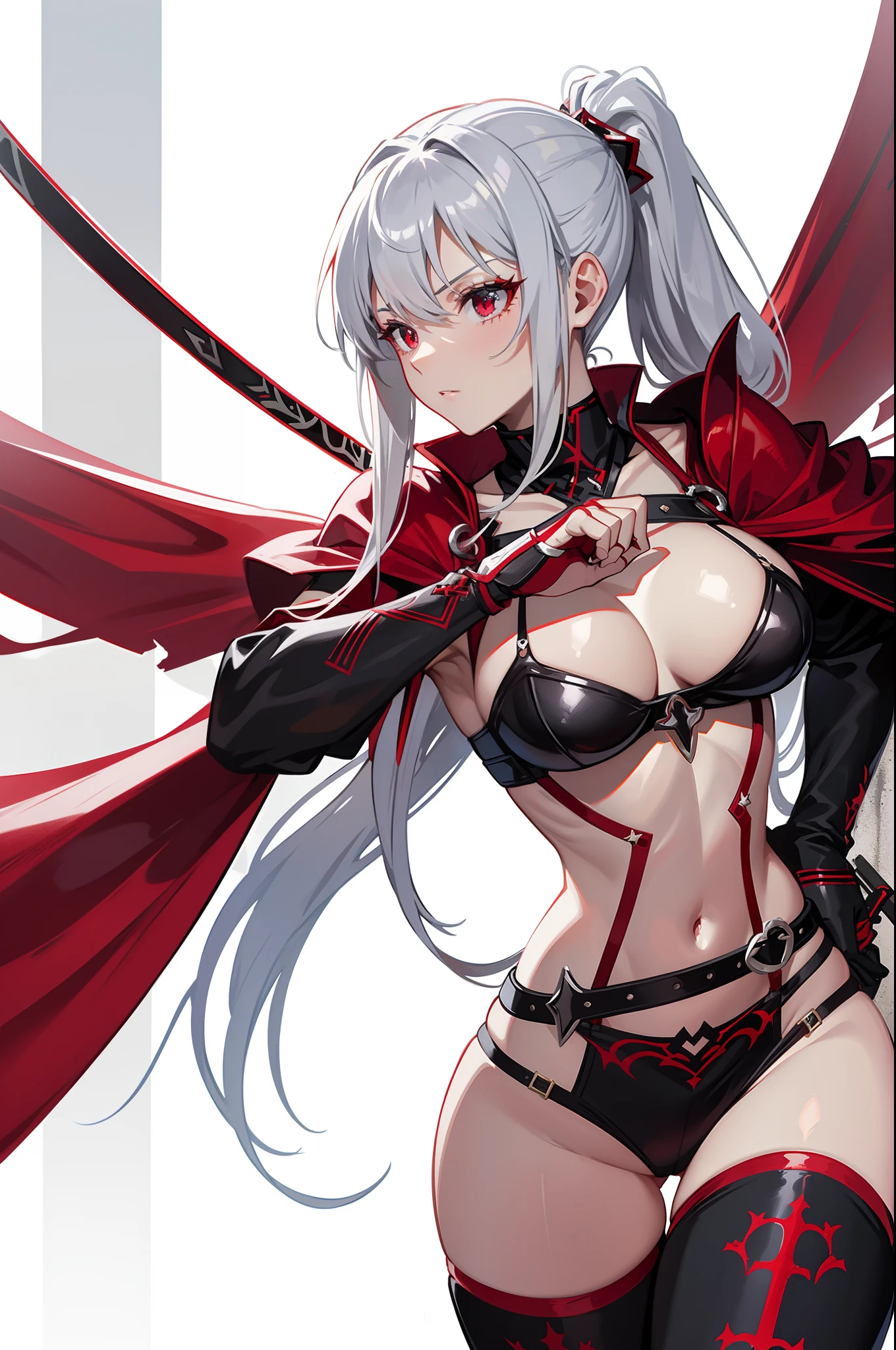 erza scarlet, half silver steel breast plate with a cross pattern, no underwear, bright red pupil, super mini battle skirt, holding giant silver boardsword, high pony tail, perfect body shape, 16k, sharp angel aura, steel hand glove, holy tattoo, long silk stocking