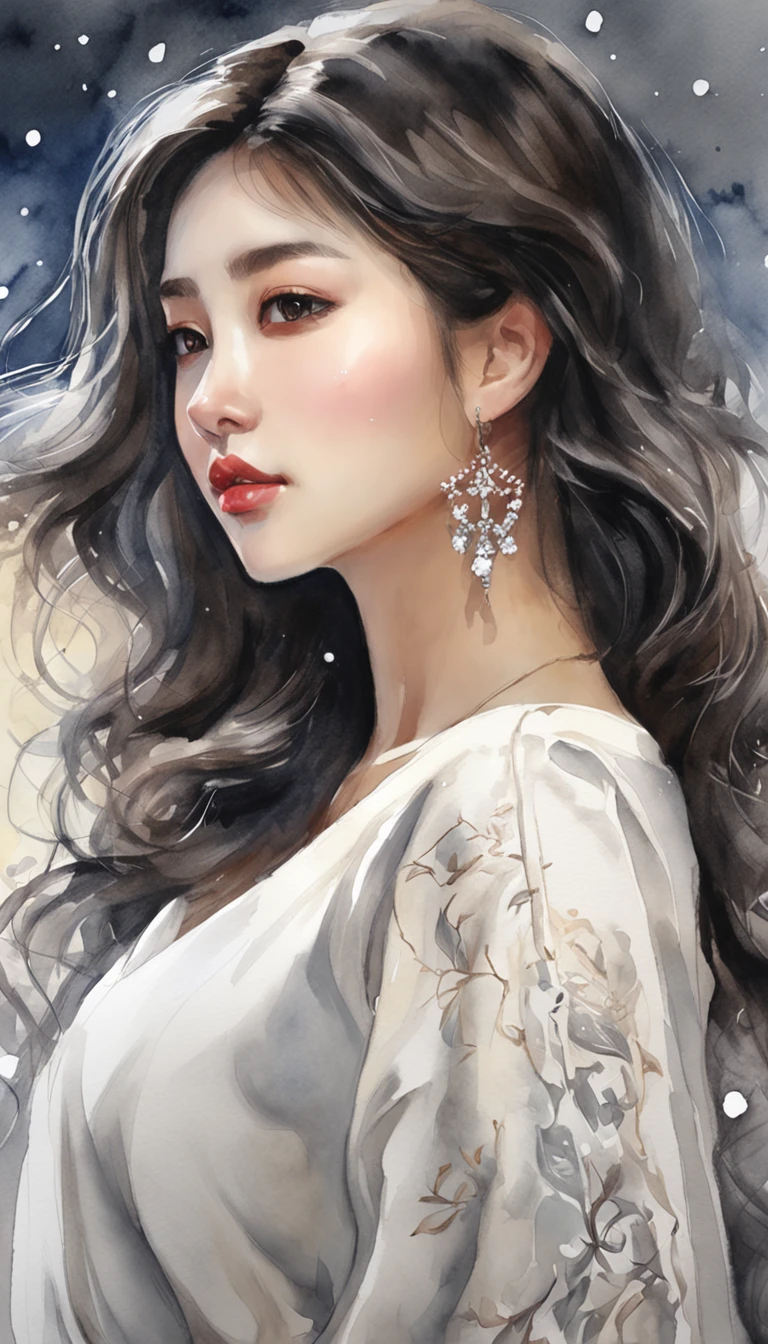((from behind)), ((looking back)), ((knee shot)), ((realistic)), Beautiful young girl, Beautiful Japanese model, cabelos preto e longos, curlies, By bangs, (slender leg), (cold light, the night, starrysky), (at winter season, nevando, parks). ((White sweater, bshoulders, One shoulder, cropped shoulders, Short black skirt)), Detailed scenes, the detail,Hyper-detailed, (correct hand), (anatomy correct), (best qualtiy,tmasterpiece)