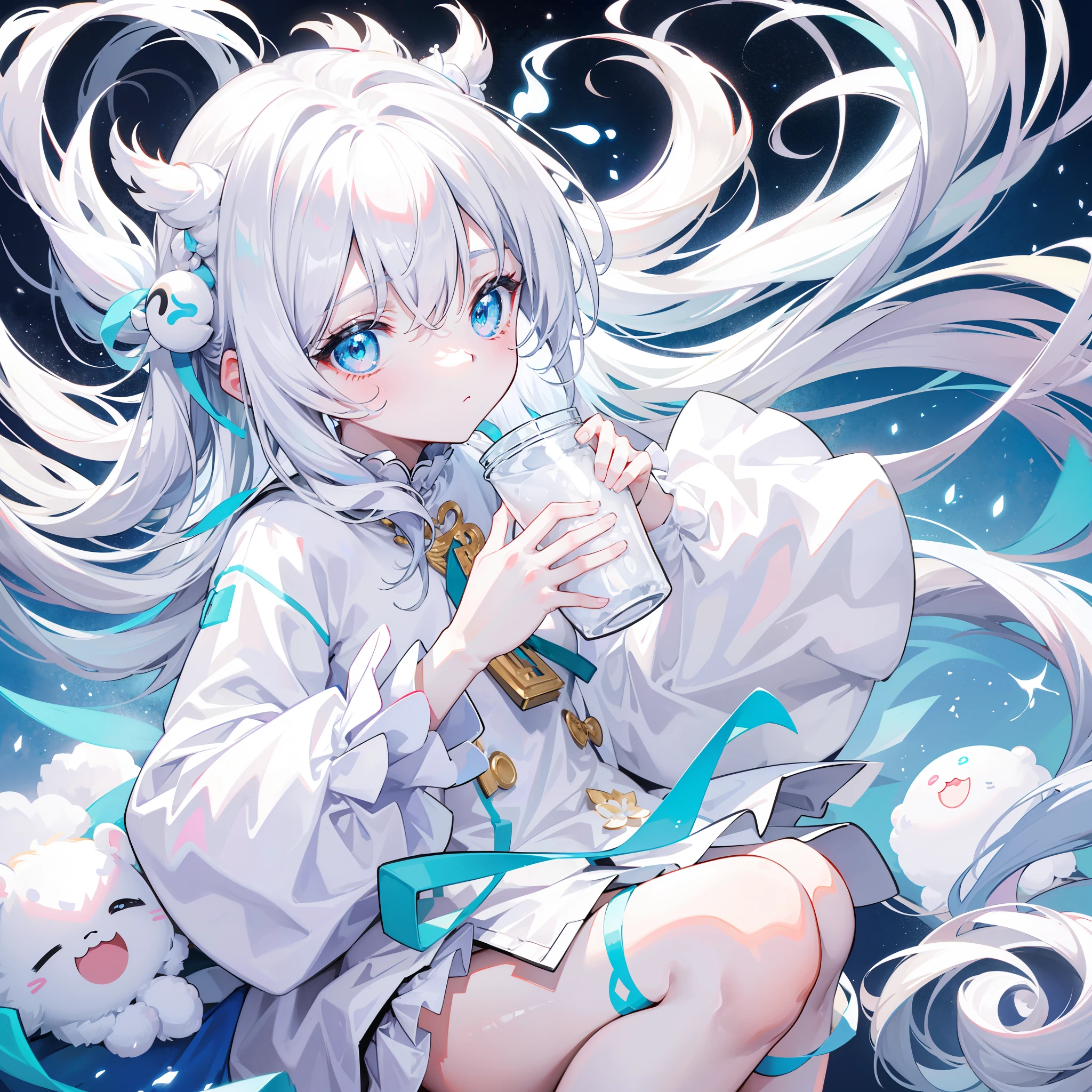 Milky long-haired milk，White clothes，Hu Hu is a very cute face，This is a cute sweet girl，Cyan eyes，bit girl，Poor milk，White color hair，（Place both hands behind your body，The view of both hands is completely obscured，Completely invisible to both hands：1.7）