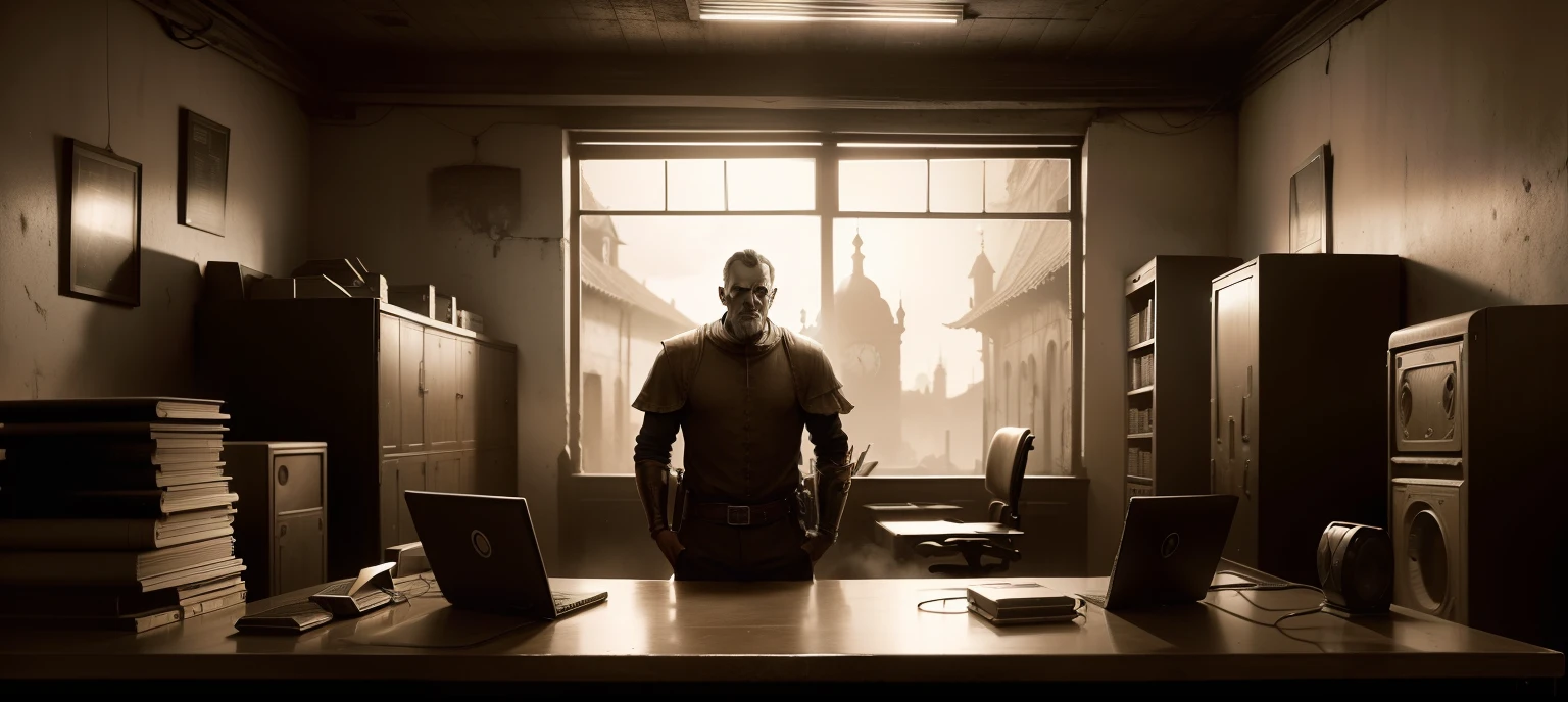 Empresa antiga, Multiple old computers, Medieval guardian standing, ao lado outro homem sentando no computador, in sepia tones.