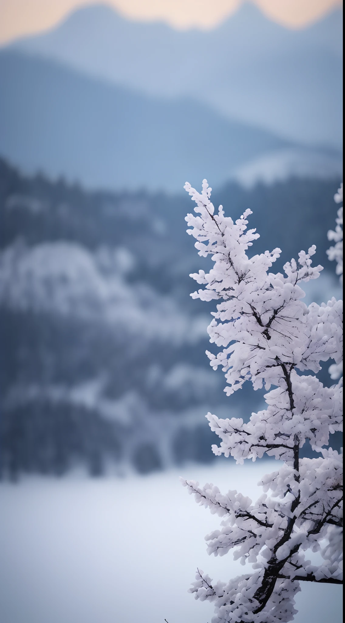 tmasterpiece，Best quality at best，high qulity，非常详细的 CG 统一 8k 壁纸，stillness，Cold climate，Peaceful beauty，snow mountains，Yuki，lakes，Winters，tree branch，Bokeh，Depth field, hdr, full bloom, color difference, Photorealistic, Extremely detailed, Popular on artstation, Popular on CGsociety, complex, High detail, Dramatic, halfway art