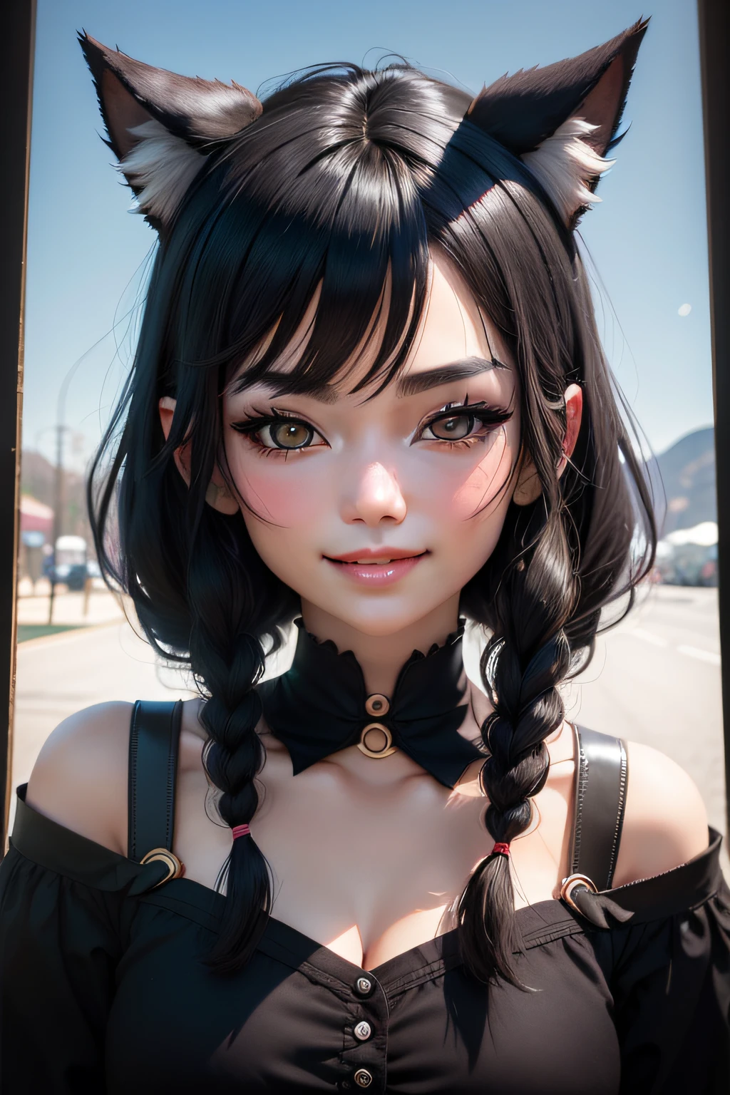 black hair, hair bobbles, wince, longeyelashes, solid circle eyes, fake animal ears, light smile, ear blush, fang, Surrealism, drop shadow, anaglyph, stereogram, tachi-e, pov, atmospheric perspective, 8k, super detail, ccurate, best quality, high details