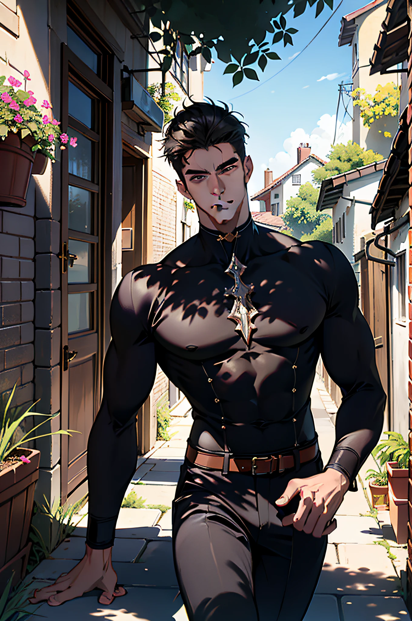 (absurdres, highres, ultra detailed), 1 male, handsome, tall muscular guy, very short hair, best ratio four finger and one thumb, best light and shadow, background is back alley, detasiled sunlight, sitting, Little cats are gathered next to him, dappled sunlight, day, depth of field, plants, summer, (dutch angle), closed mouth