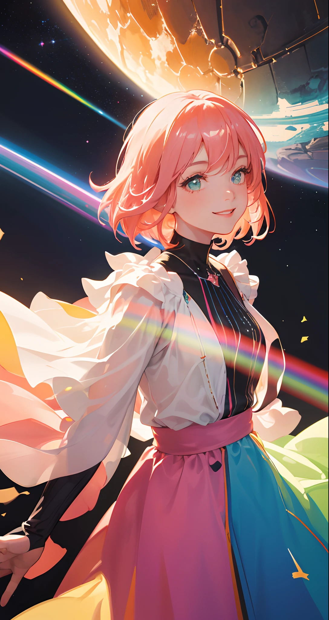(Masterpiece), (Best quality), (Very detailed), 1920s movie poster, scifi, colorful, neon colors, masterpiece, best quality, movie still, 1girl, pink hair, long flowy dress, flying through space, space, planets, (close-up:1.1), bright, happy, fun, rainbows, {black painting}, {teasing smile},{teasing smile},high quality, clear picture,(high saturation),(shiny), best lighting, best shadows,