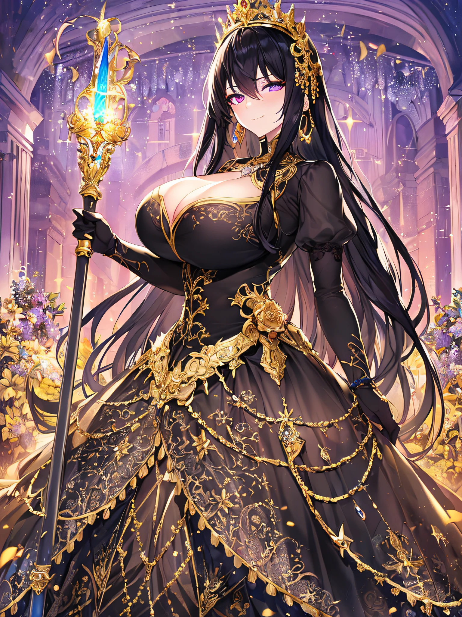 ((anime artstyle)),(Masterpiece),(Best Quality),(Super Detail),(Very Delicate and Beautiful),Solo,((full body)),((standing in garden,outdoor)),BlingBling,((1 arrogant princess in beautiful embroidery black and gold gorgeous rococo ballgown with voluminous full length hoop skirt)),(crinoline),gorgeousfull embroidery,Long train,((arrogant,haughty)),(((arrogant smile))),Sharp eyes,(holding a luxurious scepter),(gorgeous gemstone jewelry),detailed face and eyes,jewel-like eyes,Purple eyes,(Bangs between eyes),((large amount of straight hair,extremely Long voluminous black Hair)),((gigantic tits,Long tits)),gorgeousfull embroidery,cleavage,extremely gorgeousfull hair ornament,(bling-bling extremely gorgeousfull jeweled tiara),gorgeous corsage,(Dynamic Angle),Looking at viewer,((full body)),outdoor,flowers,((beautiful embroidery and glitter jeweled black and gold gorgeous rococo ballgown with voluminous full length hoop skirt))