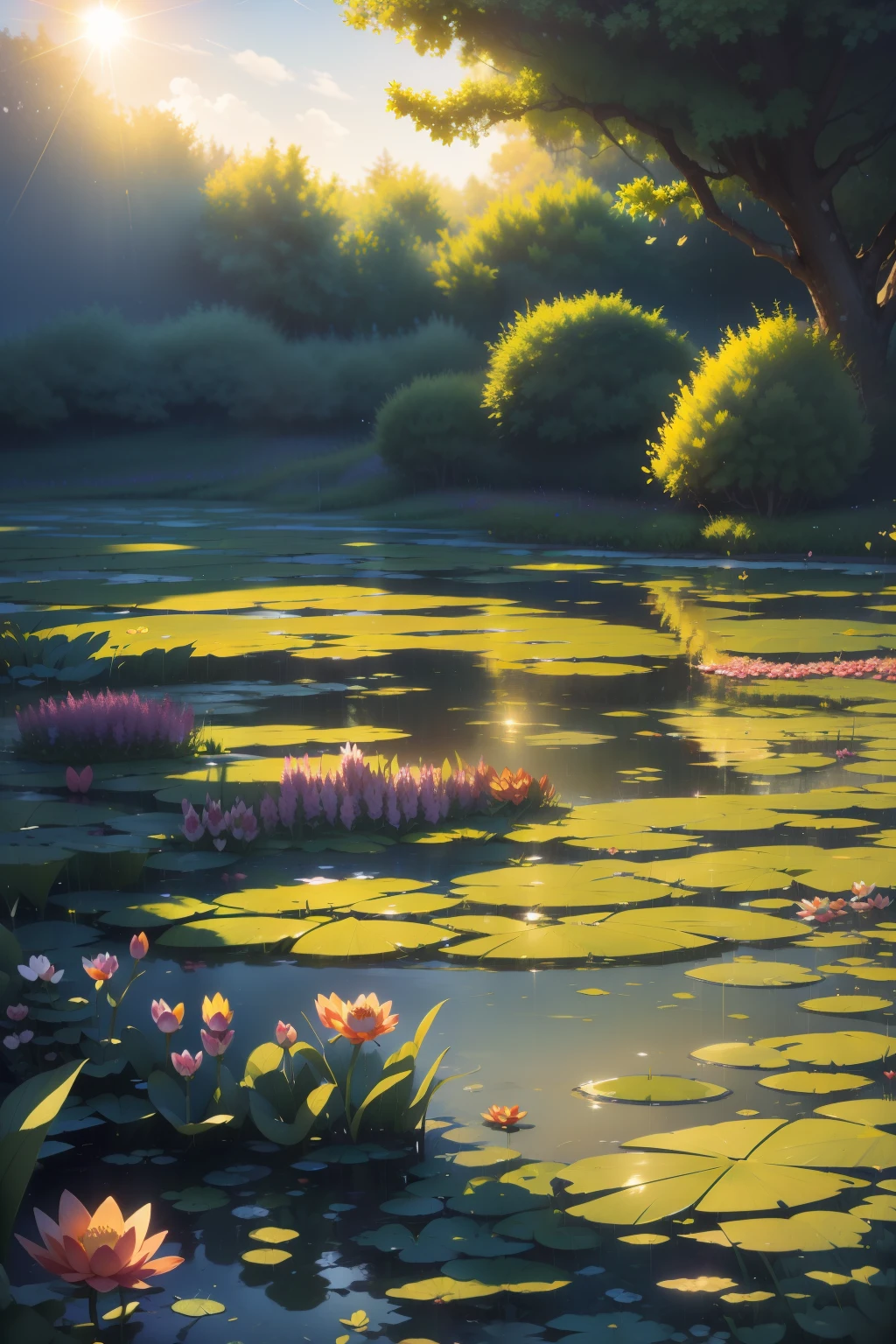A masterpiece of sophistication。Monet's water lilies,Deep in the lotus pond(vibrant with colors,and the sun was shining brightly,The light is cool:1.2),There are several lotus leaves in the pond。The lotus leaf has a clear texture。the morning sun,butterflys,Leave empty the colorful grassland sky road