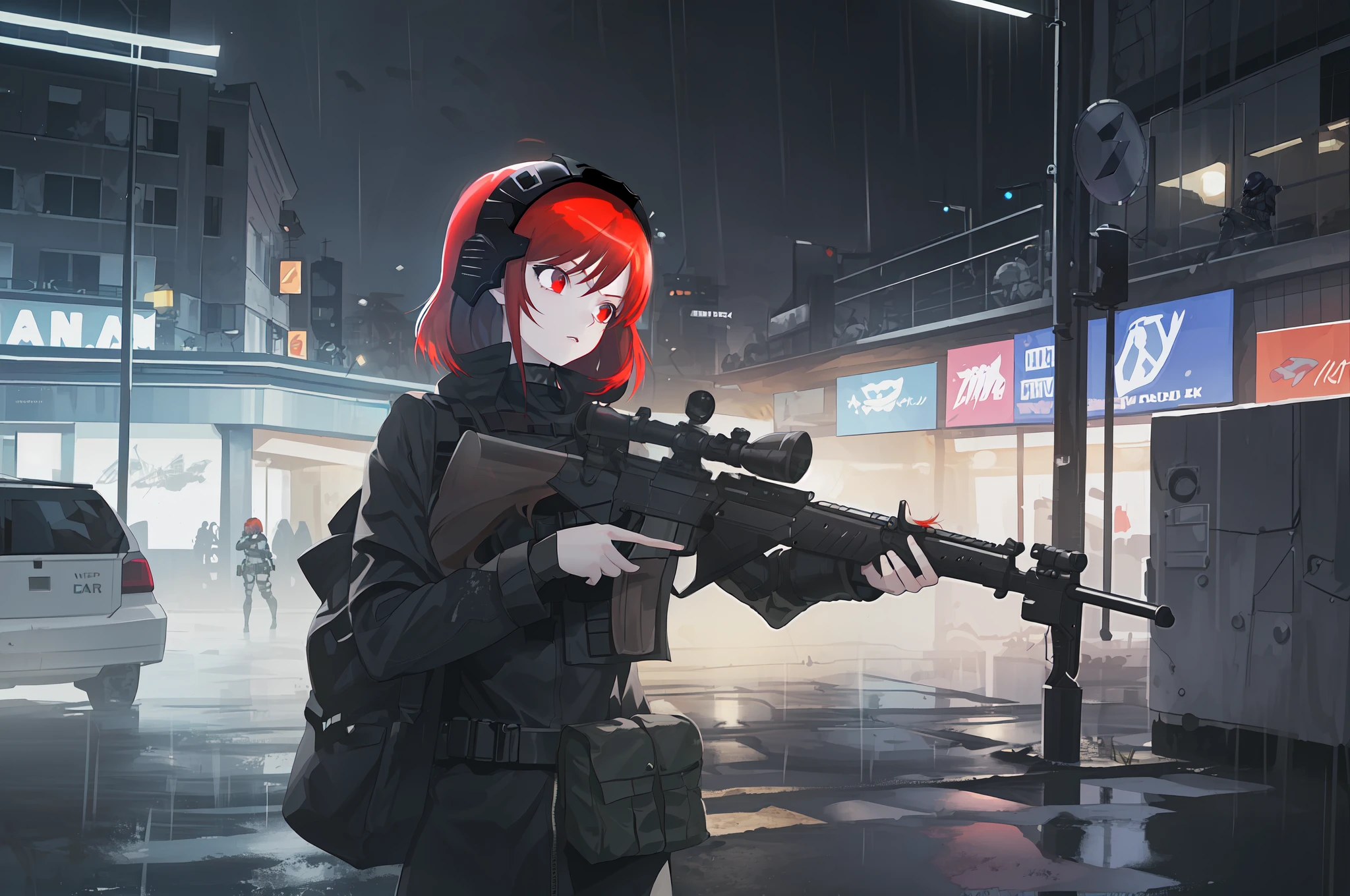 redhead girl in tactical dark combat helmet