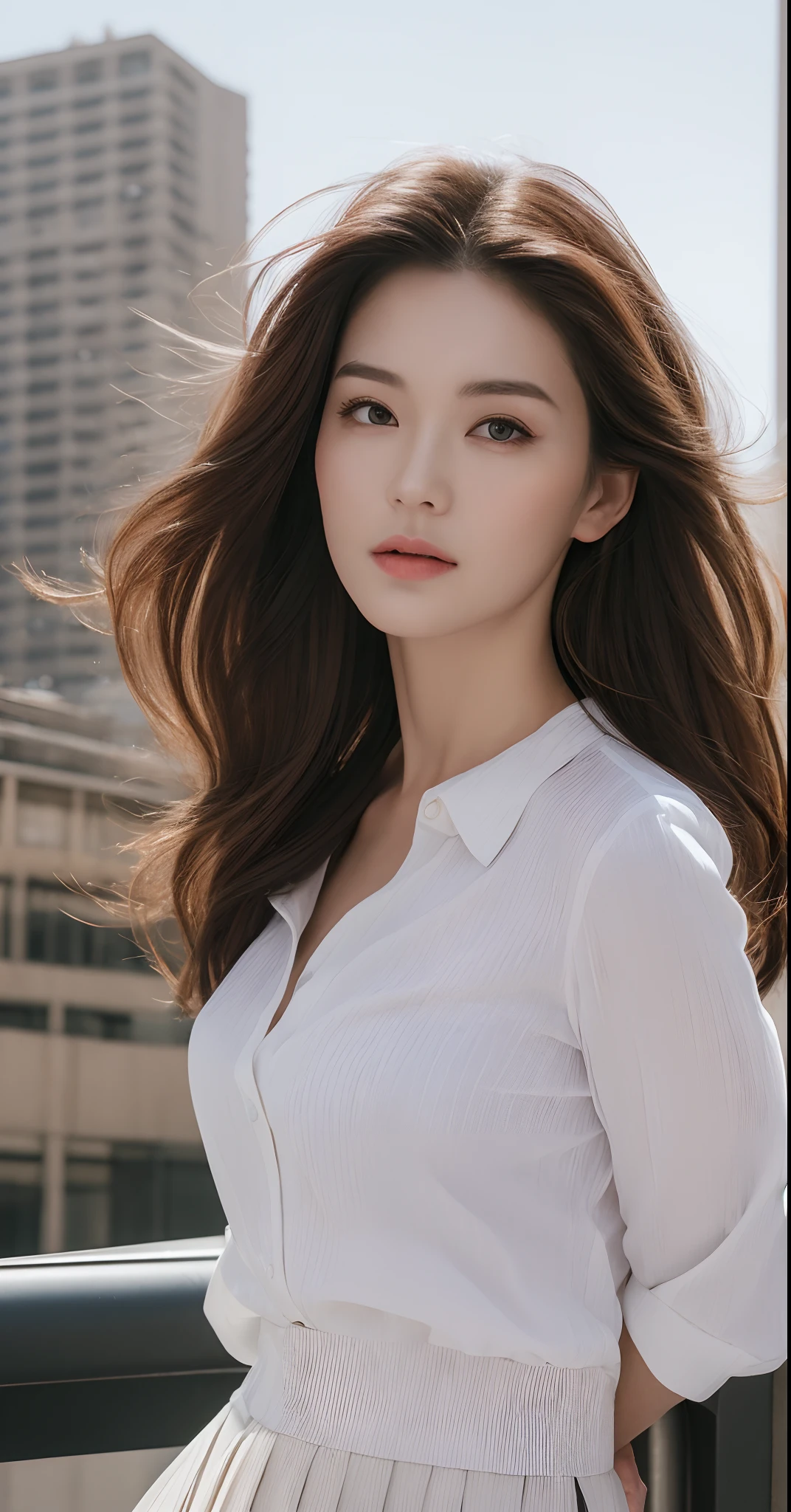 (Best quality, High resolution, Masterpiece :1.3), A tall and pretty woman, Slender abs, Dark brown hair styled in loose waves, Breasts, White button up shirt, Black pleated skirt, (Modern architecture in background), Details exquisitely rendered in the face and skin texture, Detailed eyes, Double eyelid
