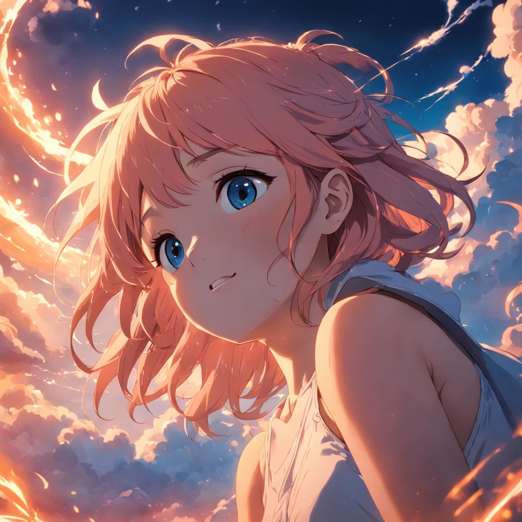 masterpiece, best quality, movie still, 1girl, cloud girl, floating in the sky, close-up, bright, happy, warm soft lighting, sunset, (sparks:0.7)