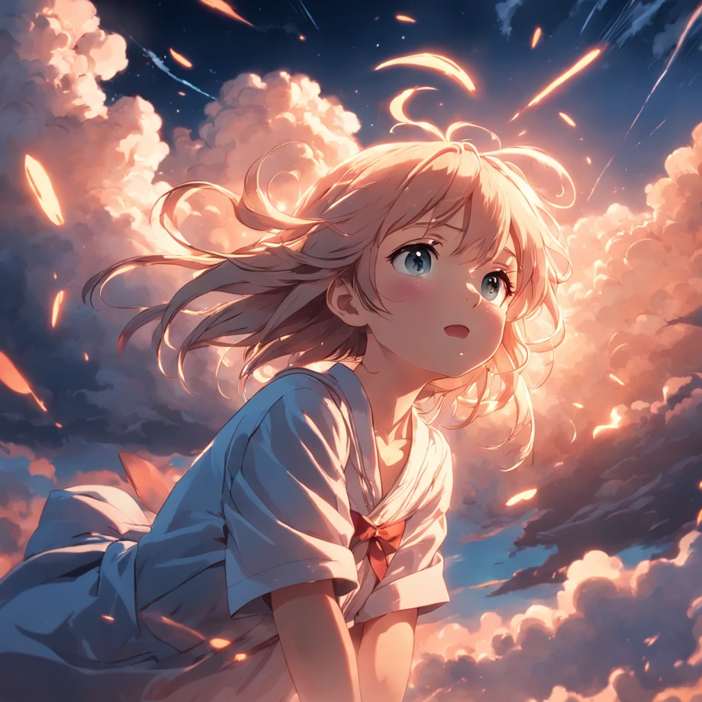 masterpiece, best quality, movie still, 1girl, cloud girl, floating in the sky, close-up, bright, happy, warm soft lighting, sunset, (sparks:0.7)