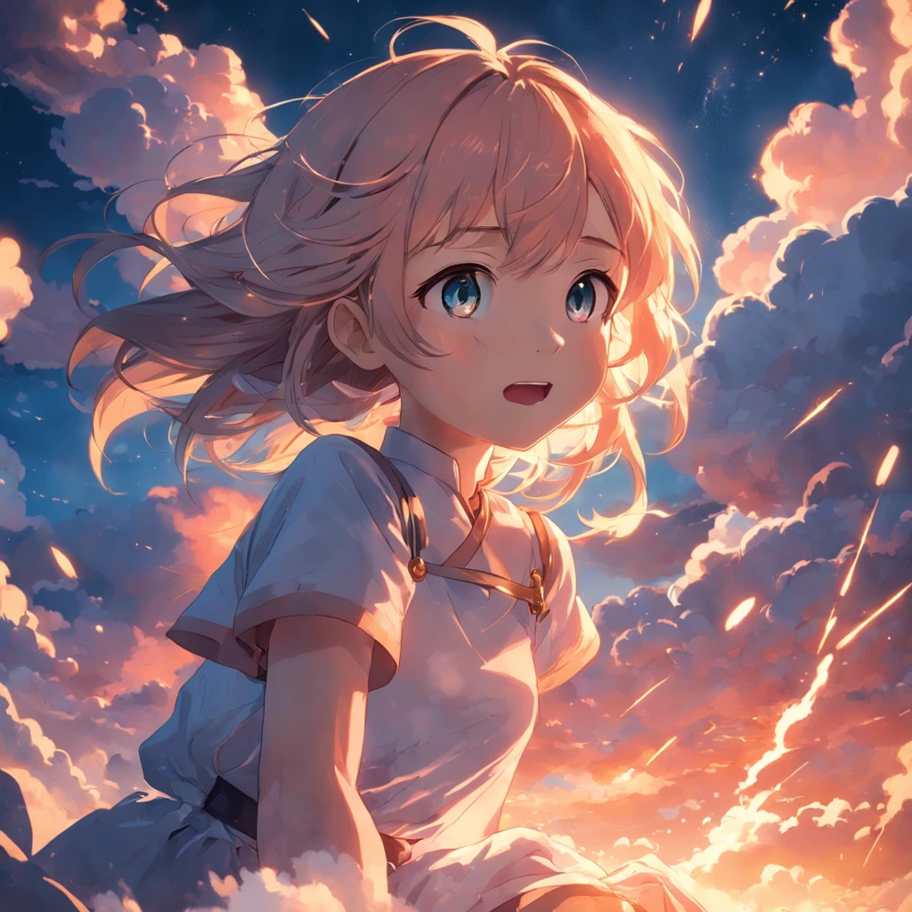 masterpiece, best quality, movie still, 1girl, cloud girl, floating in the sky, close-up, bright, happy, warm soft lighting, sunset, (sparks:0.7)