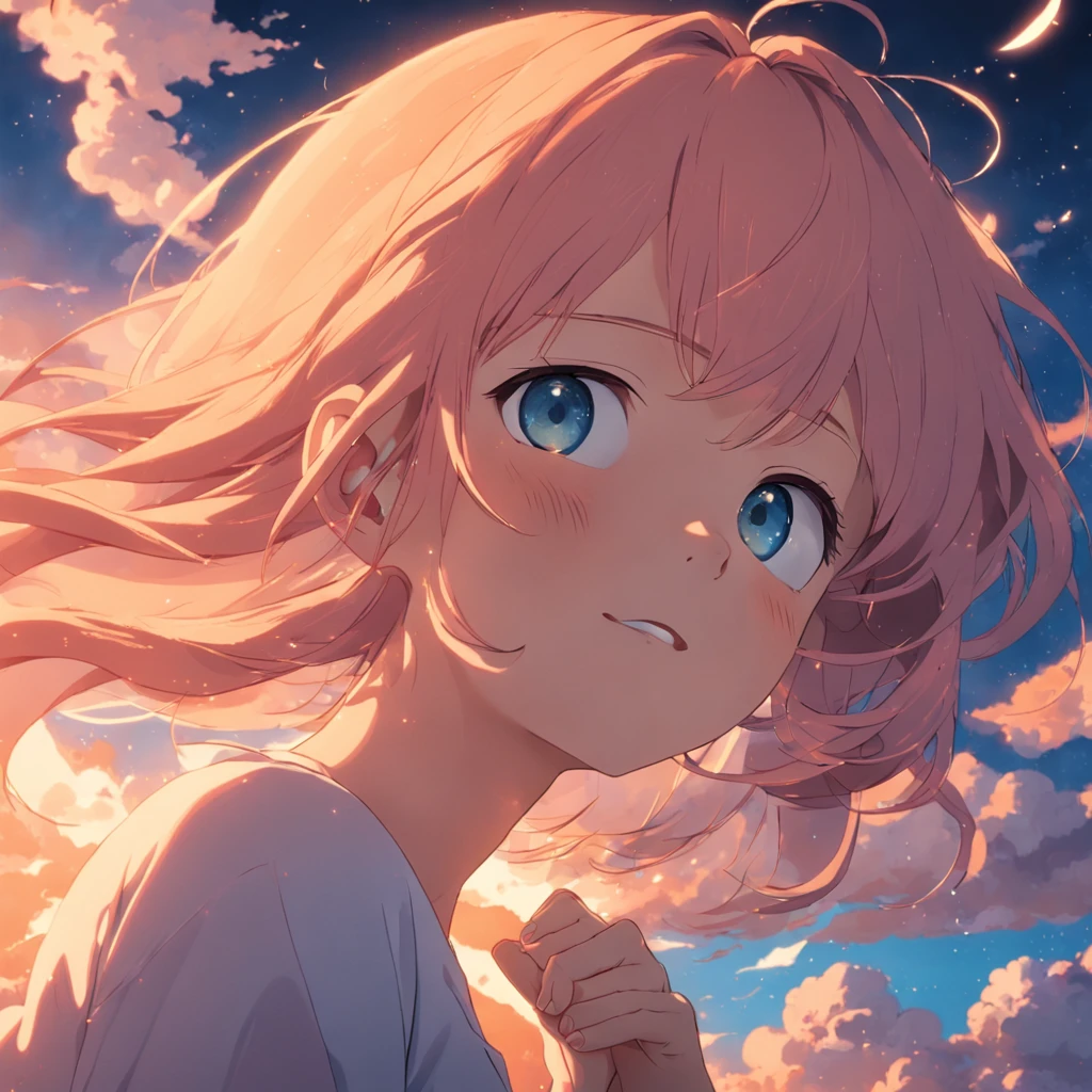 masterpiece, best quality, movie still, 1girl, cloud girl, floating in the sky, close-up, bright, happy, warm soft lighting, sunset, (sparks:0.7)