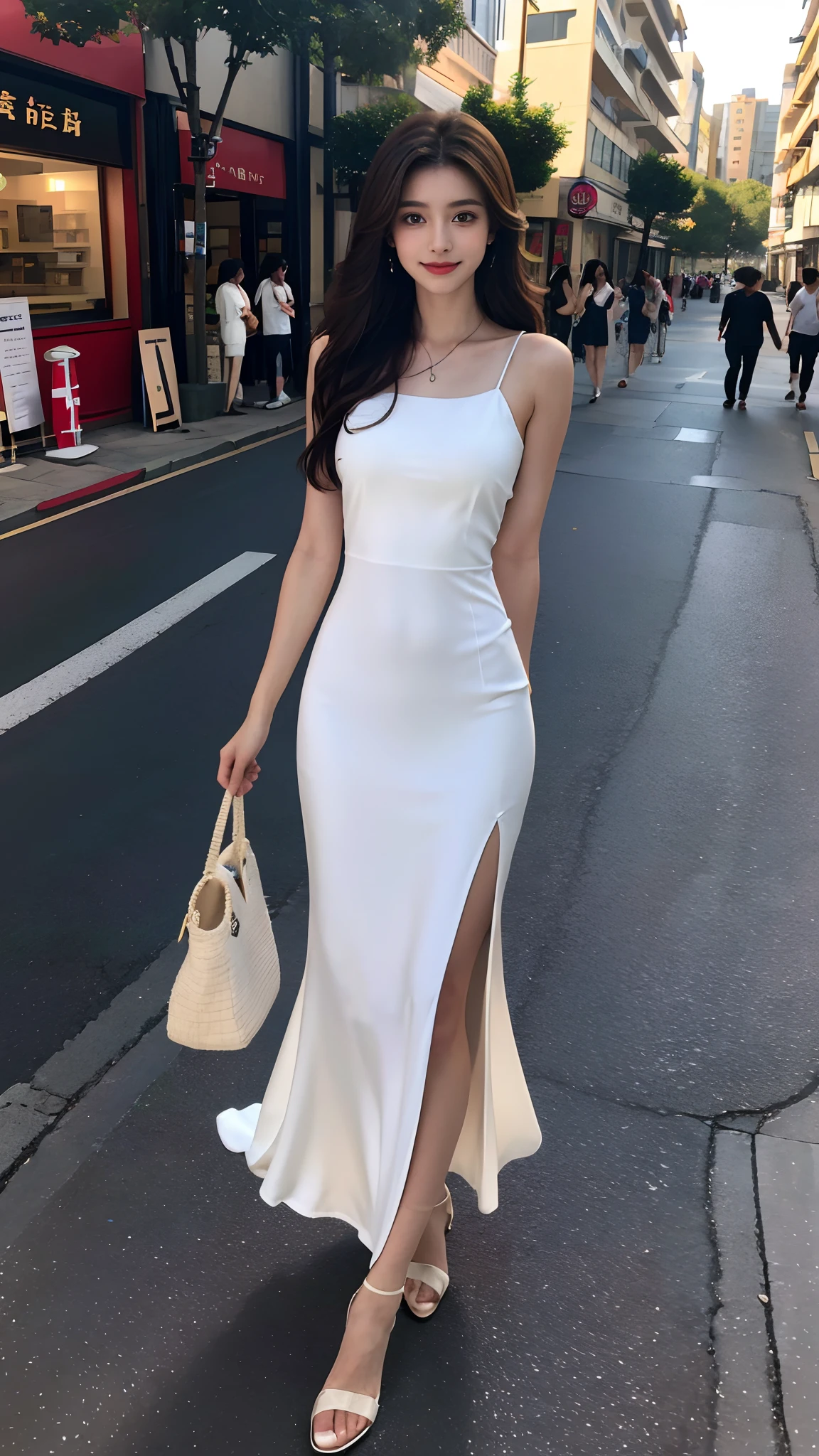 （（best qualtiy，8k，tmasterpiece：1.3））， 1girll， ssmile， full bodyesbian， Slim Faces， Beautiful woman， （dark brown  hair）， Full length white dress ：1.1， Super detailed face， Detailed eyes， 二重まぶた， blur backgroun， Slim Faces， 城市， do lado de fora， the street，