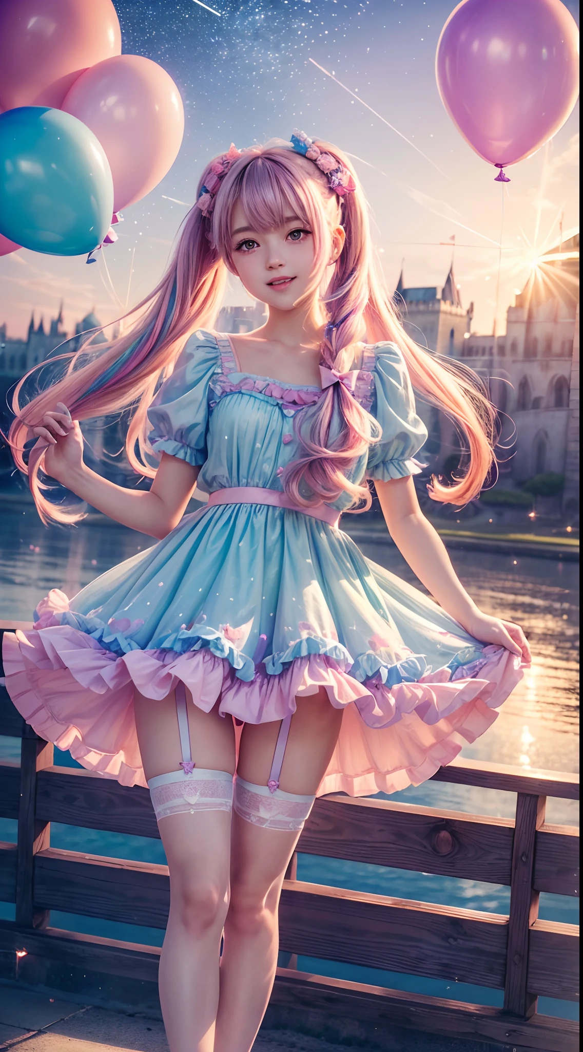 (fullbody, legs and shoes visible: 1.2)) expressive eyes, 1girl, pale skin, long hair, windblown hair, ((absurdly long hair)), long sidelocks, hime bangs, hair fringe, hair bun, ((very long twintails)), iridescent hair, light pink hair, blushing, full face blushing, big sparkling pastel purple eyes, (gradient eyes), open mouth smile, cute pose, ((holding balloons : 1.3))
((cute and pastel fashion)) ((🦄🎠🎈😎 theme : 1.4)) flowy pastel dress, ((dreamy multicolored open dress)), (floating ribbons), lavender ruffles, pink frills, (light blue lace), detached short sleeves, puffy skirt, ((rainbows and stars print skirt : 1.3)), ta skirt, purple bows, ((pompon ribbons hair ornament : 1.4)), multiple bows, striped lace stockings, (heart shaped leg garter), cute (pastel purple) shoes ((hyperdetailed clothing and fashion)) looking at you, vintage girl, blushing, (beautiful detailed eyes), (extremely detailed CG unity 8k wallpaper) (best shadow), ((an extremely delicate and beautiful)), (detailed light), ((depth of field)) big head, big sparkling eyes, moe, splash art, cinematic lighting, frontal view, volumetric lighting maximalist photo illustration 64k resolution high res intricately detailed complex key visual precise linear
((in the dreamy pastel sky background, surrounded by sunset clouds, shooting stars, castles in the clouds)) ((hyperdetailed scenery, foggy clouds, suspended by balloons, hearts : 1.3))