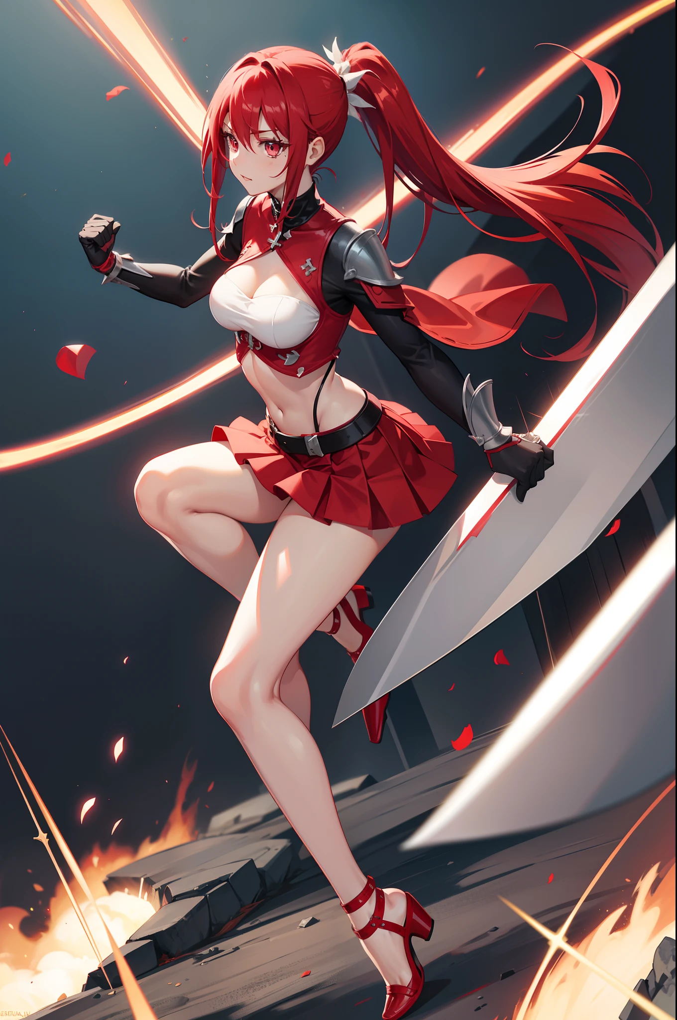 erza scarlet, half silver color steel breast plate with a cross pattern, no underwear, bright red pupil, super mini battle skirt, holding giant silver boardsword, high pony tail, perfect body shape, 16k, sharp angel aura, steel hand glove, holy tattoo, long silk leggings, scarlet red color hair