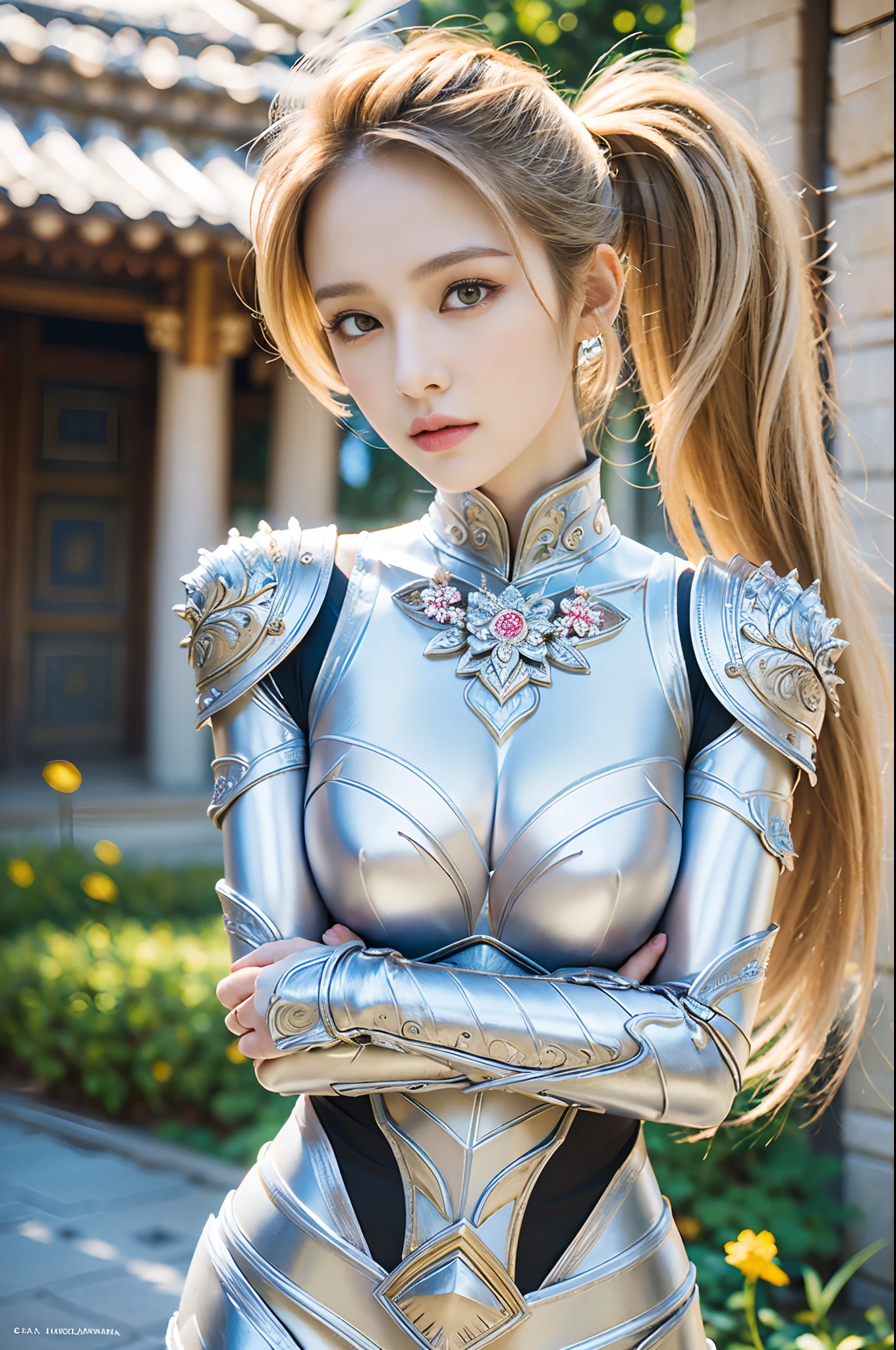 (8K, best quality:1.2), (masterpiece:1.37), (photo, photorealistic:1.37), (ultrahigh-res), half body, walking pose, shot from front, slow motion, female paladin wearing the full body, (light silver armour:1.2),(ornately decorated armor), (insanely detailed, bloom:1.5), (highest quality, Alessandro Casagrande, Greg Rutkowski, Sally Mann, concept art, 4k), (analog:1.2), (high sharpness), (detailed pupils:1.1), detailed face and eyes, Masterpiece, best quality, (highly detailed photo:1.1), (long blonde Hair, ponytail,ecstatic:1.1), (young woman:1.1), sharp, (perfect body:1.1), realistic, real shadow, 3d, (temple background:1.2), arms crossed over the chest 
photographed by Canan EOS R6, 135mm, 1/1250s, f/2.8, ISO 400