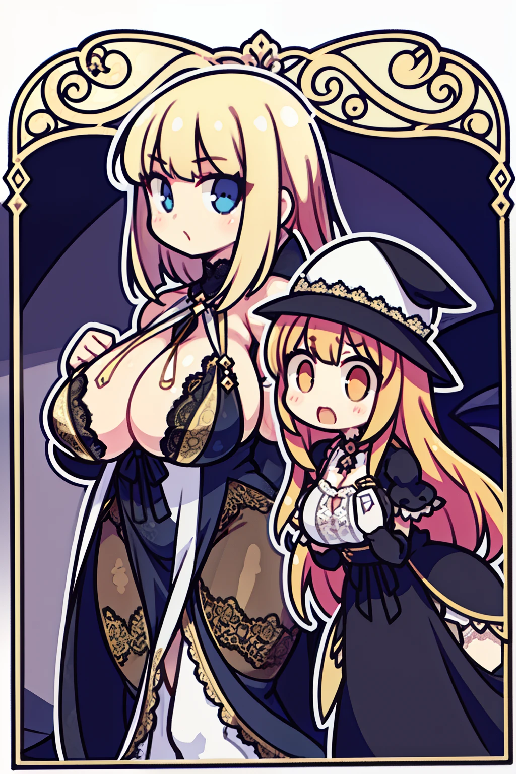 tmasterpiece， best qualtiy， Rich in detail ，（1 girl 1.5），Pathetic look，（baby girl 1.5），（14years），full body Esbian，Plump body，stereograms, high details, hyper HD, ccurate，（Michaela 2.5），（Blonde 1.5），side braids，Smudge，（Hazy Beauty 1.5），Wearing a gorgeous lace black and white cloak，（（（（Blonde 2.5）））），Wear a gorgeous black and white dress，(The dress has gold lace trim:1.5)，The dress has a sheer silk lining，blue color eyes，during the day，In the wild，White stockings with white lace