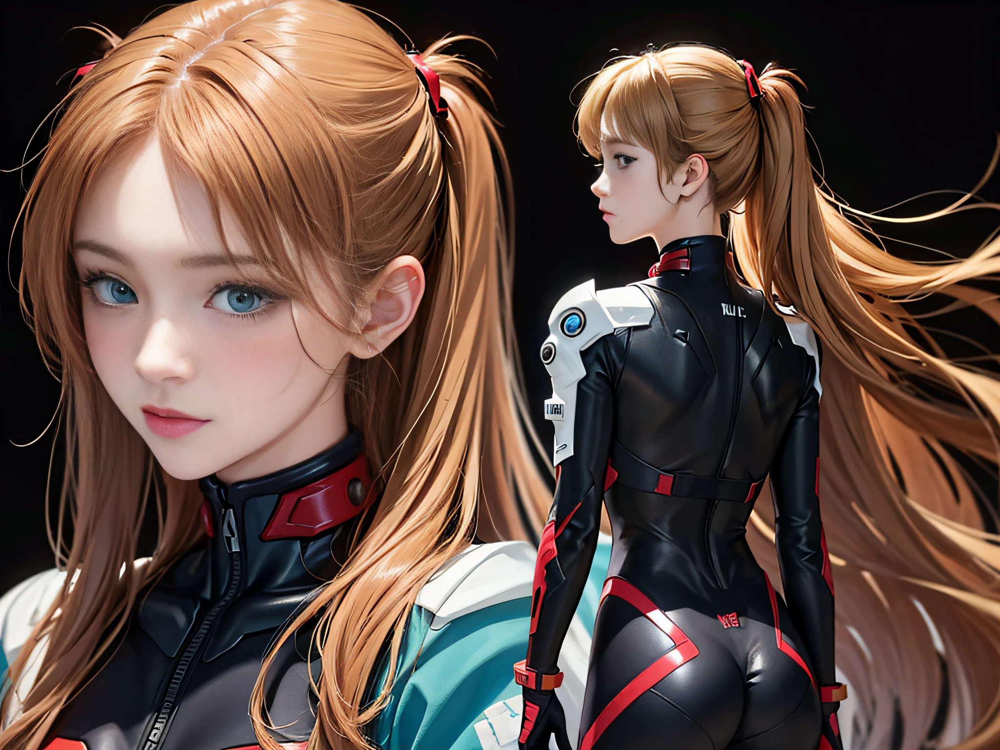 (tmasterpiece:1.4,top-quality),(Complicated details),Unity8k wallpaper,ultra-detailliert,Beautiful and mysterious,detailed back ground,realisticlying,独奏,Perfect detail face,Detailed green eyes,The is very detailed,Blushlush,hair adornments,Chignon mahogany hair,(blond hairbl),Plug set 02,Shikinami Tomorrow Shanglangley,Shin Evangelion,Slender girl,Full body suit,with black background