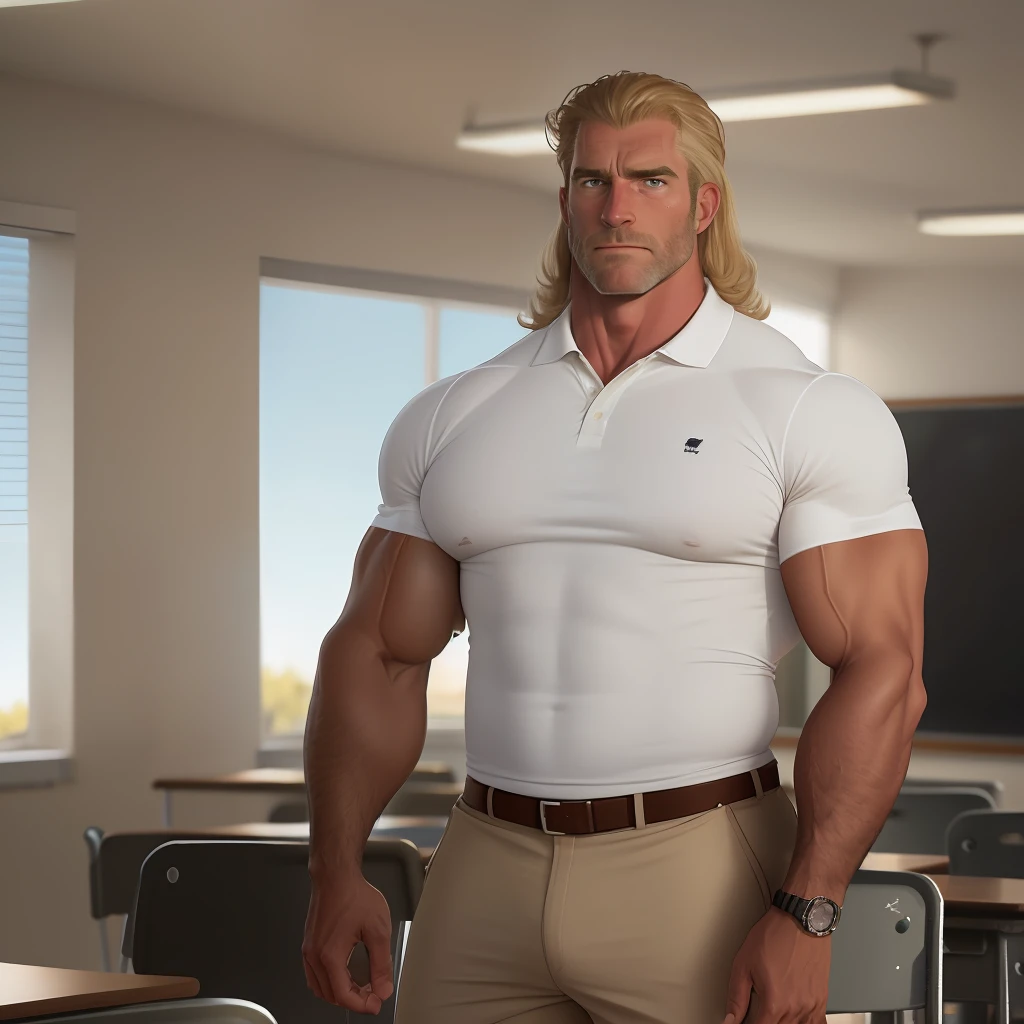 Medium blonde hair , back comb hair , tan skin, dad , mature , 40years old , black polo shirt , teacher , classroom , hyper muscular , big pecs , whistle, coach , very sweaty , stern face, hairy arms , white pants, beefy, big butt, flexing biceps