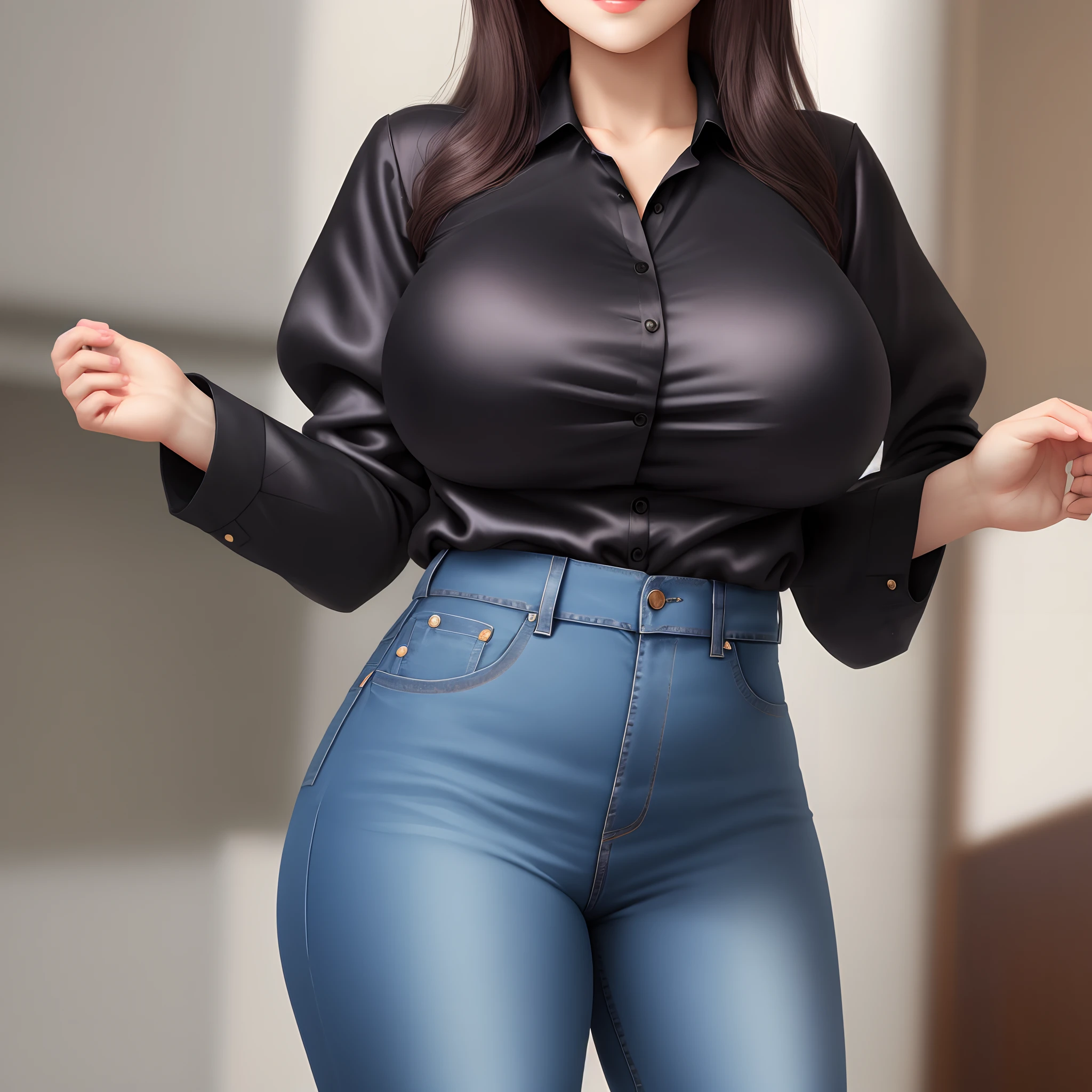 Wearing black silk clothes and revealing big breasts jeans