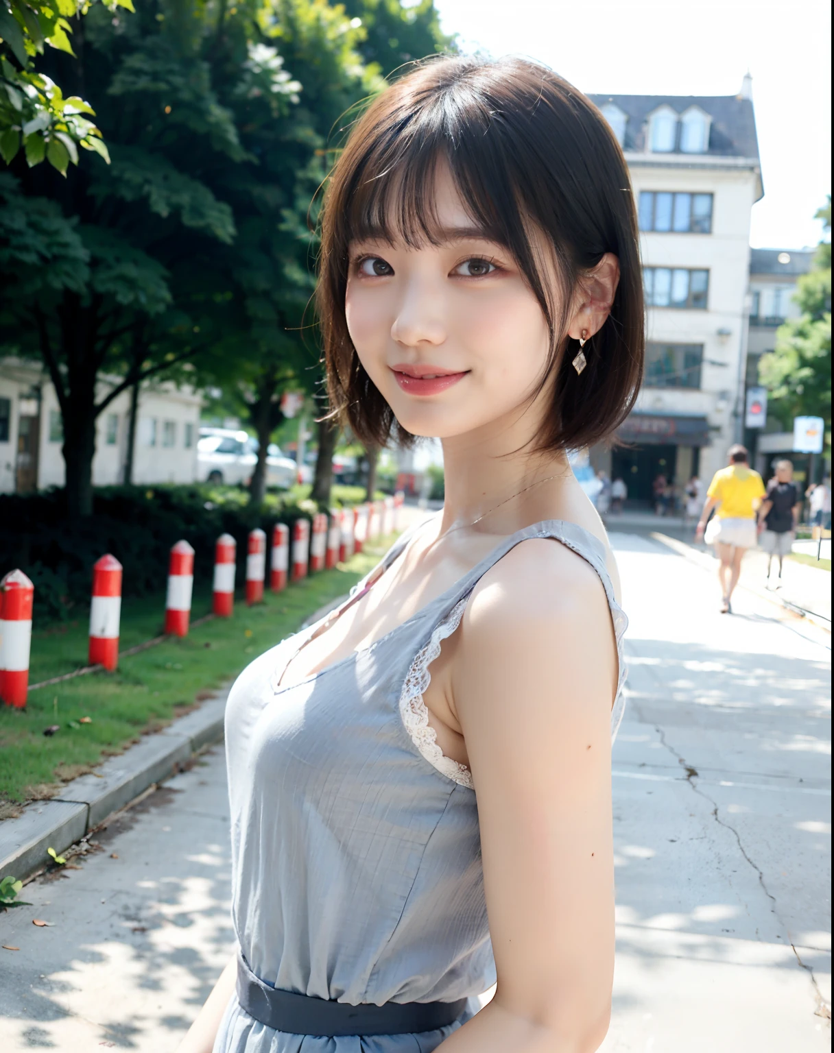 Woman posing on street corner wearing sheer lace dress, top quality, girl one, big breasts, sun, bright, blurred background, bokeh, outdoor, (street: 0.8), (people, crowd: 1), (cropped with lace) dress: 1.5, sleeveless dress, full body, light grey color clothes, light gray color high neck dress: 1.2, light gray color dress: 1.5), gorgeous ( Short hair, forehead: 1.2), sagging eyes, sky with beautiful details, earrings, (upper body: 0.8), soft lighting, wind, shiny skin, smile