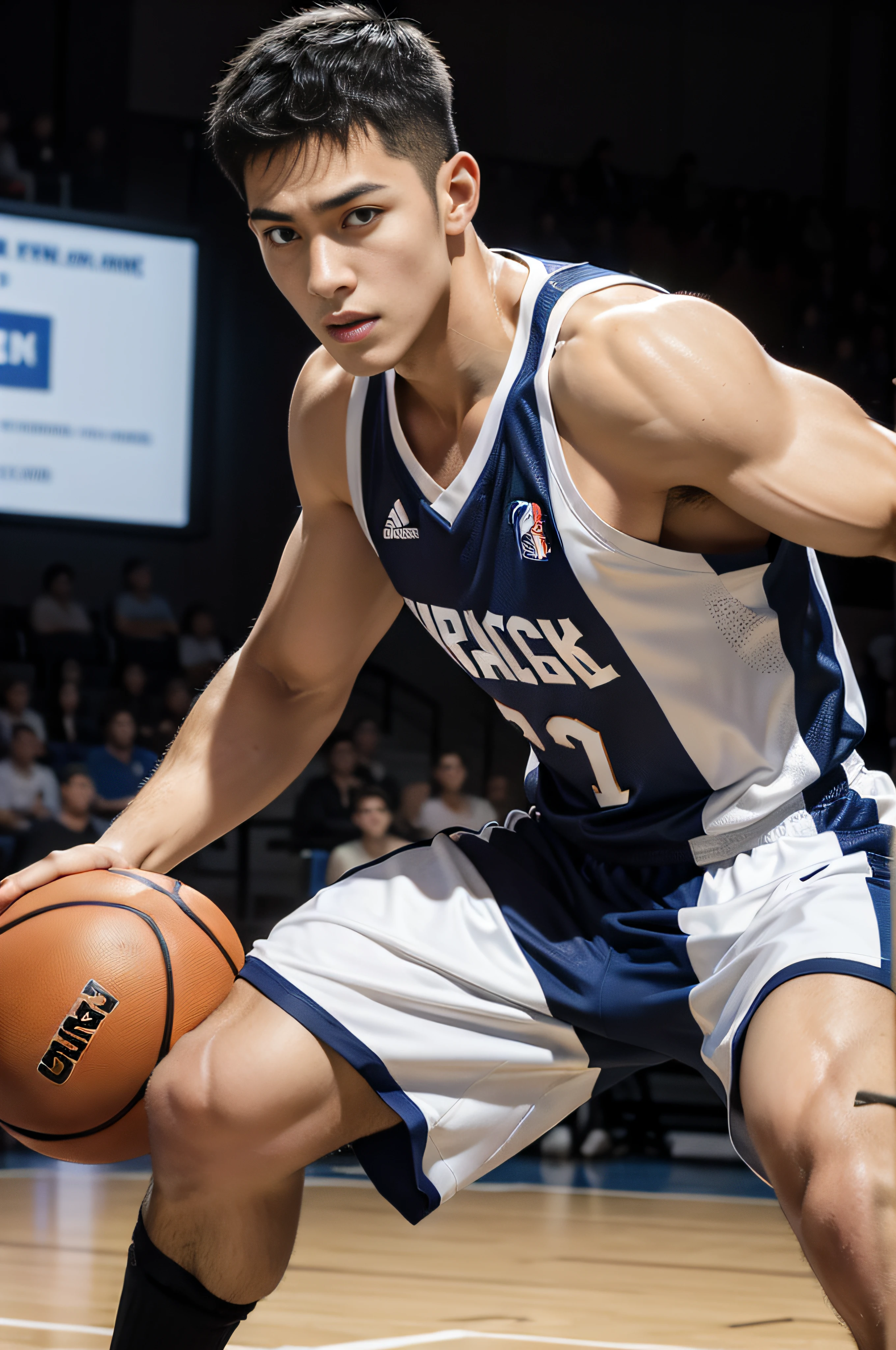 Boy playing basketball on basketball court，sweat leggs，Photos during exercise，Basketball costumes，Masculine，Exquisite facial features，virile，musculature，rich facial detail（（The crotch is raised））closeup cleavage