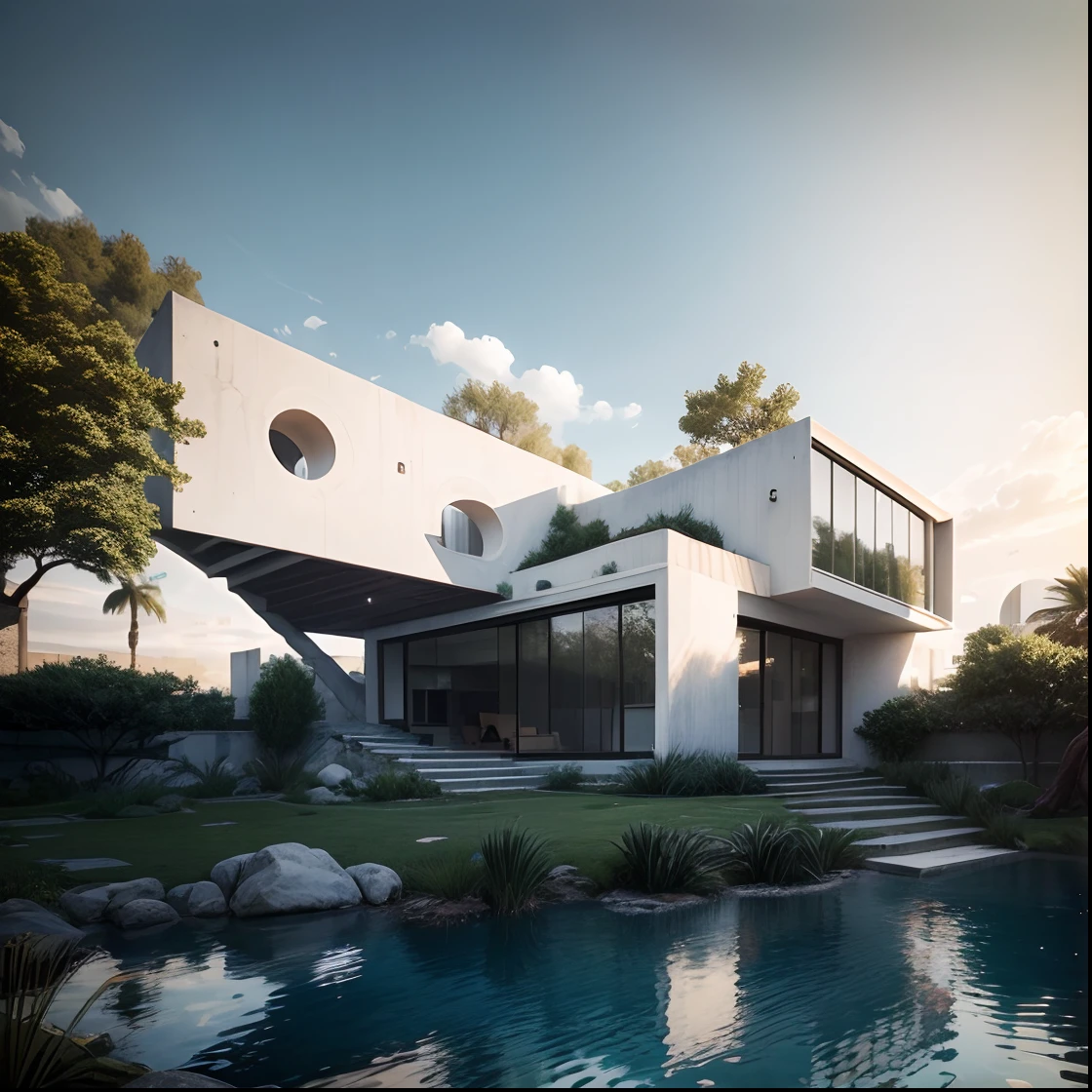 there is a pool in the backyard with a tree in the middle, concrete architecture, very vanish, and new, recently built, white walls, architectural shot, archdaily, brutal concrete architecture, inter dimensional villa, contemporary architecture, concrete housing, arborescent architecture, concrete, brutalist shiro, arhitectural shot, well-designed masterpiece, by Matteo Pérez, pablo olivera, open wall architecture