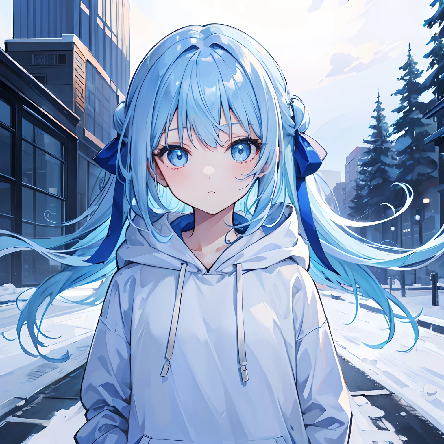1girl,light blue hair,blue eyes,hair ribbon,blue and white hoodie,winter,looking at viewer,profile picture