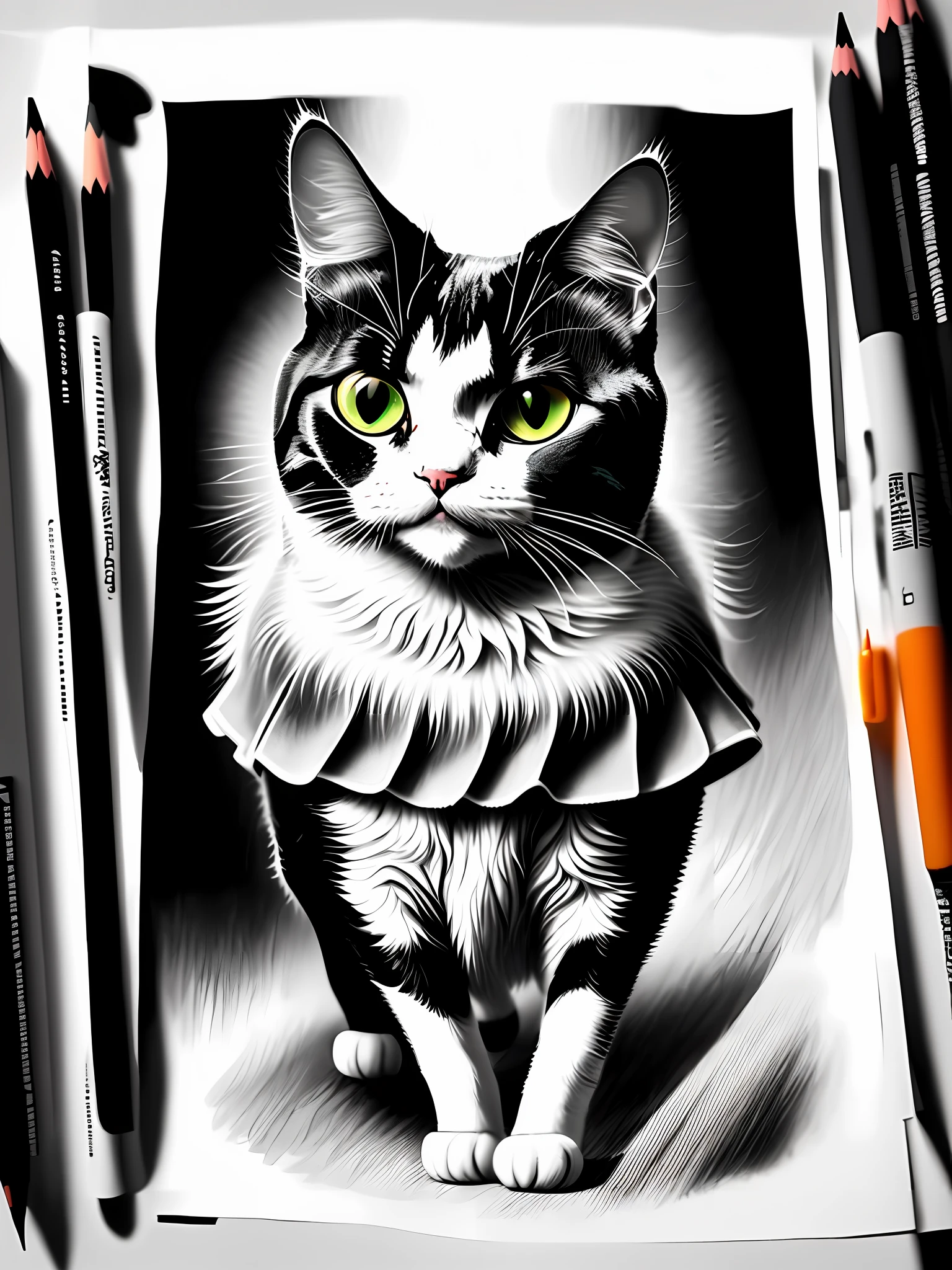 Luna, a black and white cat, pushing her way through the crowded streets, her eyes fixed on the rainbow Pidgey as it flitted by. She's wearing a colorful dress and has a happy expression on her face. This illustration is drawn in pencil and pen with light washes to give it a soft feel. It's perfect for use as an image on your phone or computer screen! (4k)