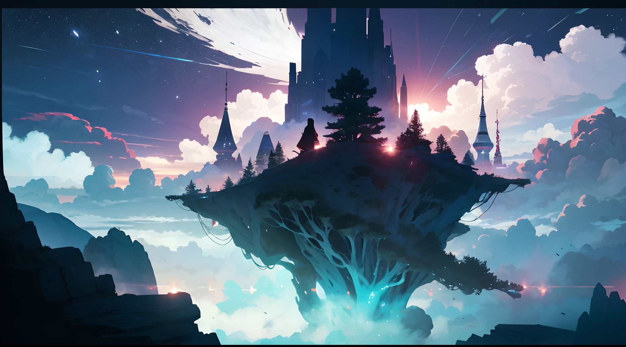 octane，Skysky，As estrelas（Skysky），scenecy，starrysky，the night，nigh sky，独奏，exteriors，buliding，​​clouds，galactic，sitted，The tree，Long hair，城市，siluette，fantasy，